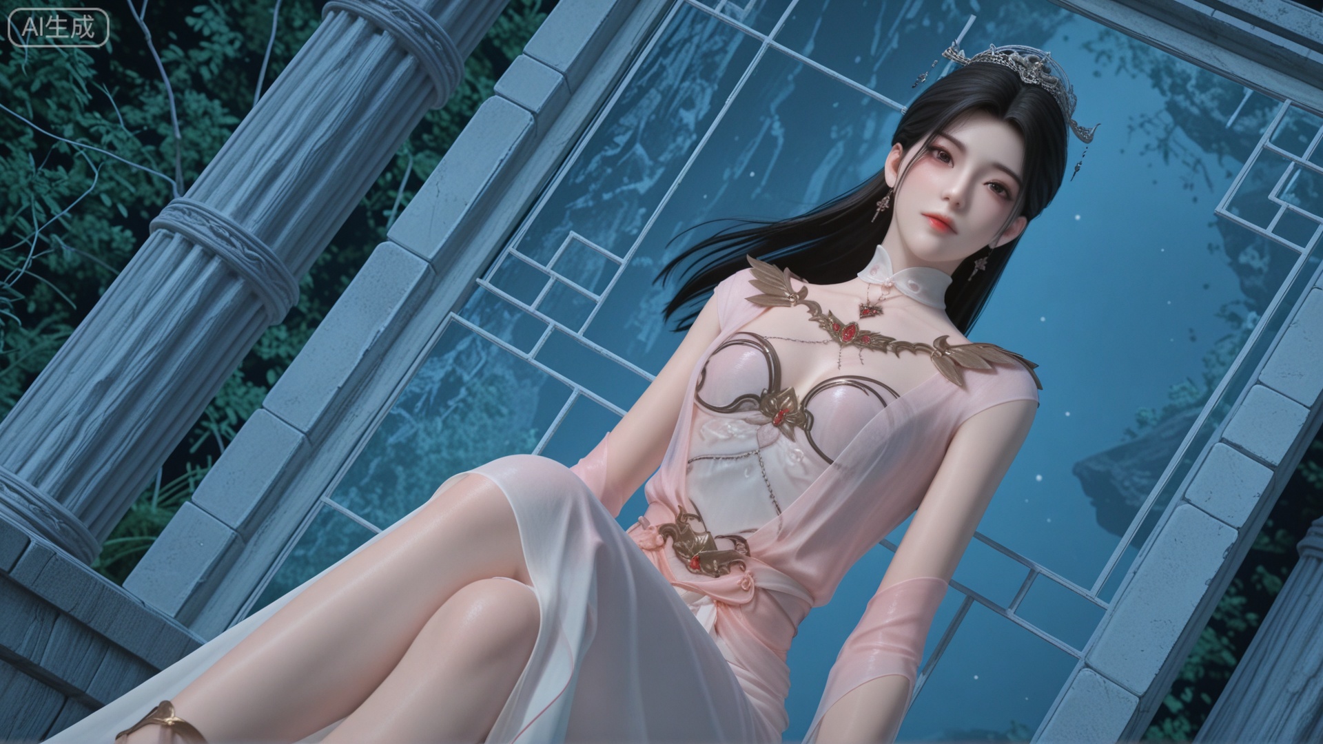 GF3D, class 1 GF3D,GF3D screen,1girl,ZX clothes, looking_at_viewer, exquisite_skin, side_sitting, glass_wall, outdoor, front_lighting, even_light, dynamic_angle, floating_hair, direct_gaze