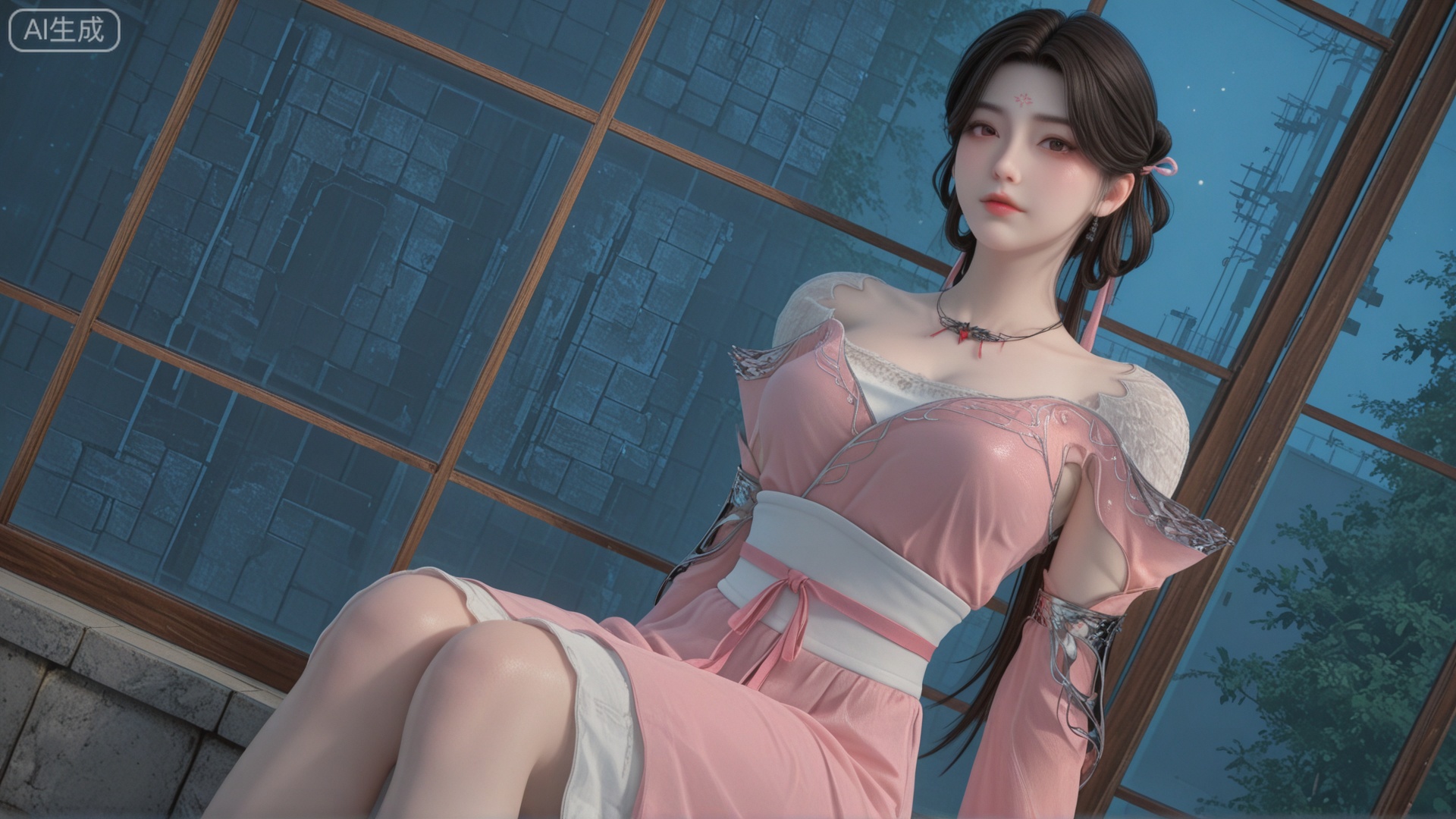 GF3D, class 1 GF3D,GF3D screen,1girl,XY clothes, looking_at_viewer, exquisite_skin, side_sitting, glass_wall, outdoor, front_lighting, even_light, dynamic_angle, floating_hair, direct_gaze