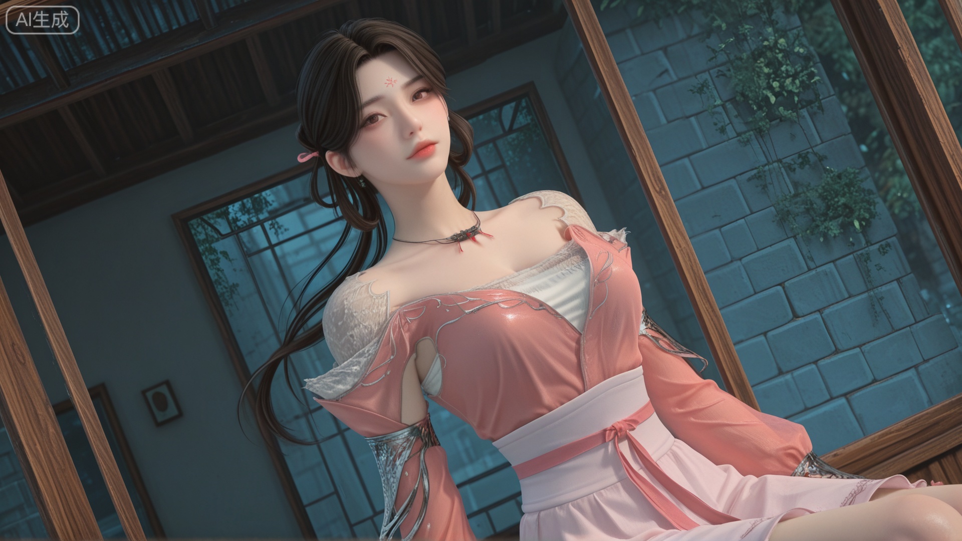GF3D, class 1 GF3D,GF3D screen,1girl,XY clothes, looking_at_viewer, exquisite_skin, side_sitting, glass_wall, outdoor, front_lighting, even_light, dynamic_angle, floating_hair, direct_gaze