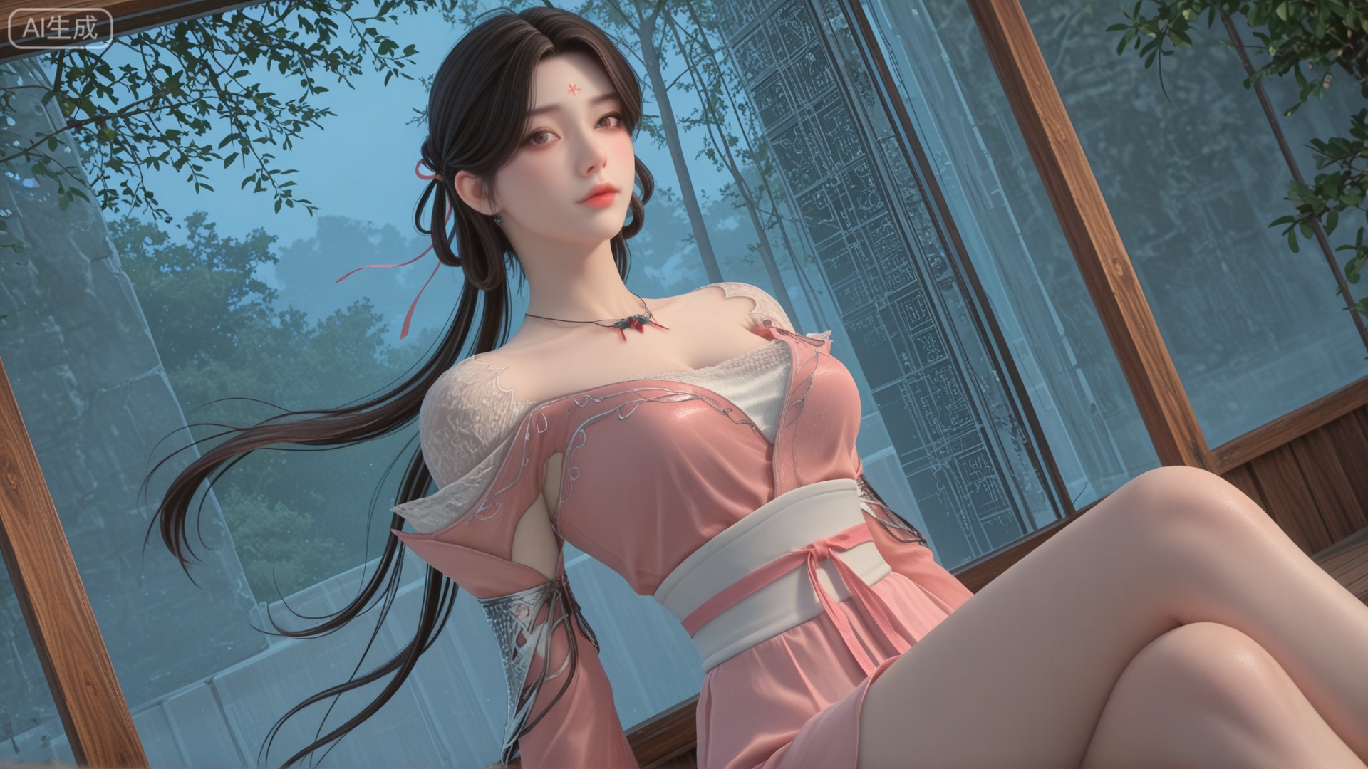 GF3D, class 2 GF3D,1girl,XY clothes, looking_at_viewer, exquisite_skin, side_sitting, glass_wall, outdoor, front_lighting, even_light, dynamic_angle, floating_hair, direct_gaze