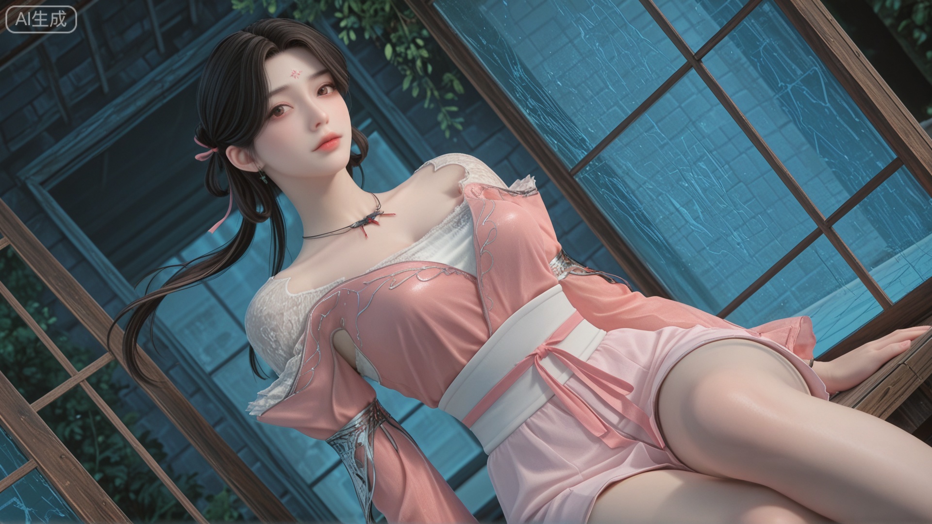 GF3D, class 1 GF3D,GF3D screen,1girl,XY clothes, looking_at_viewer, exquisite_skin, side_sitting, glass_wall, outdoor, front_lighting, even_light, dynamic_angle, floating_hair, direct_gaze