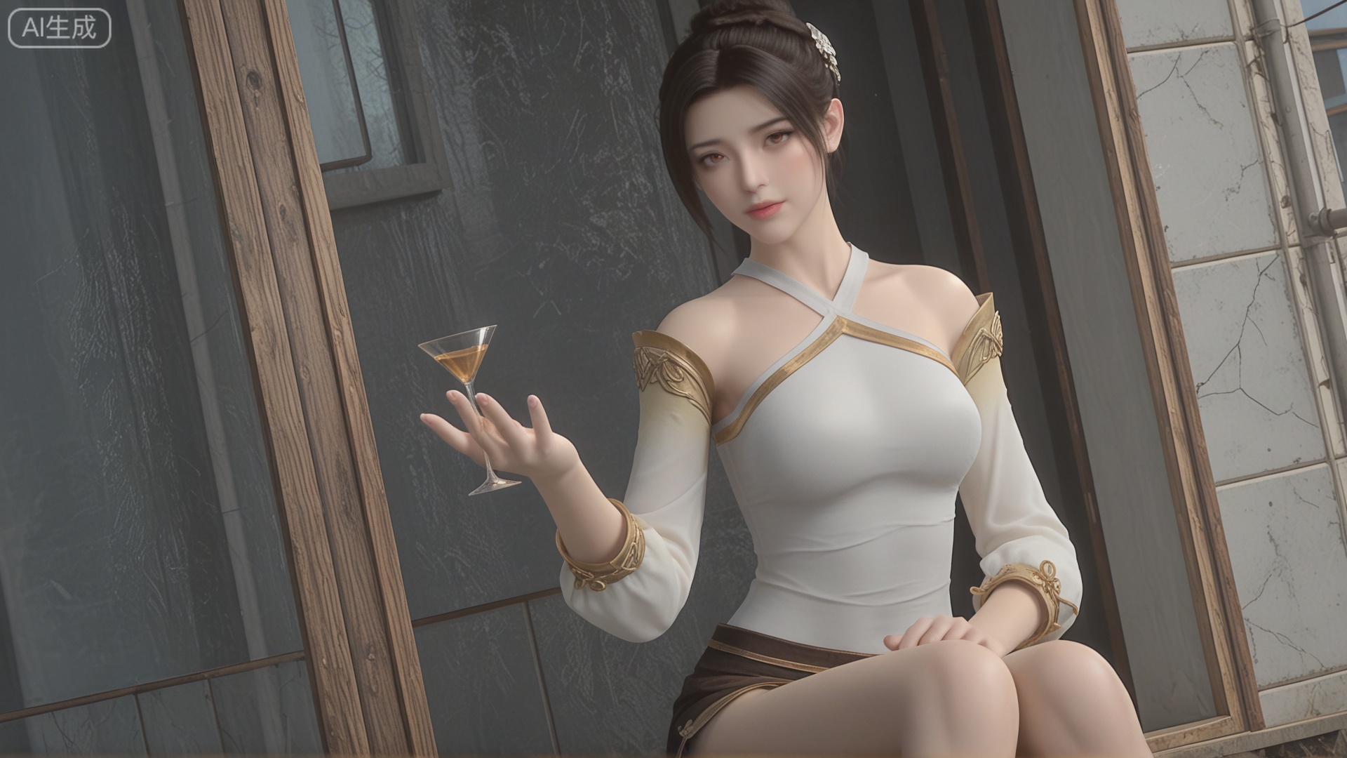 class 2 GF3D,1girl,SY clothes, outstretched hand, looking_at_viewer, exquisite_skin, side_sitting, glass_wall, outdoor, front_lighting, even_light, dynamic_angle