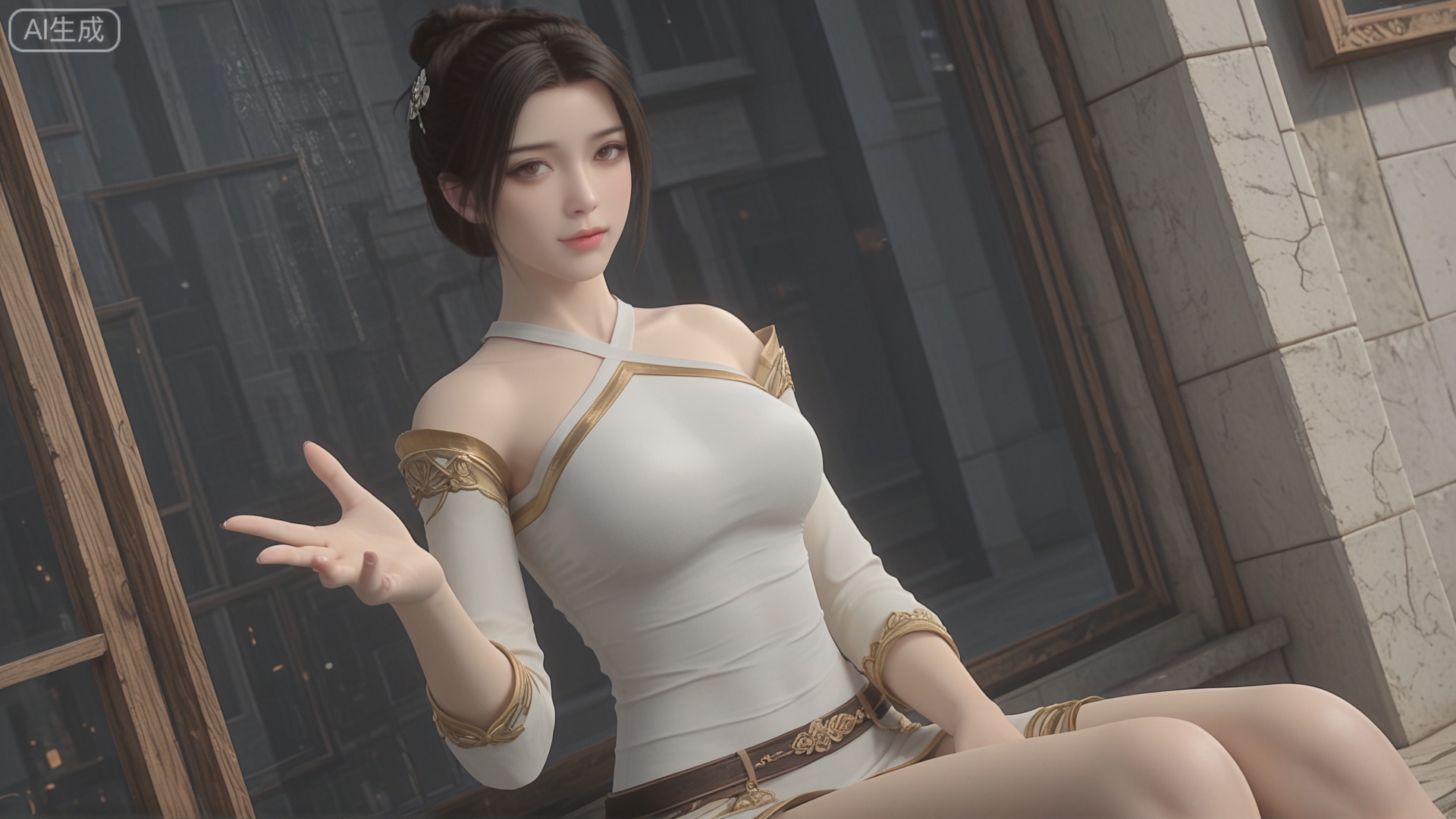 class 2 GF3D,1girl,SY clothes, outstretched hand, looking_at_viewer, exquisite_skin, side_sitting, glass_wall, outdoor, front_lighting, even_light, dynamic_angle