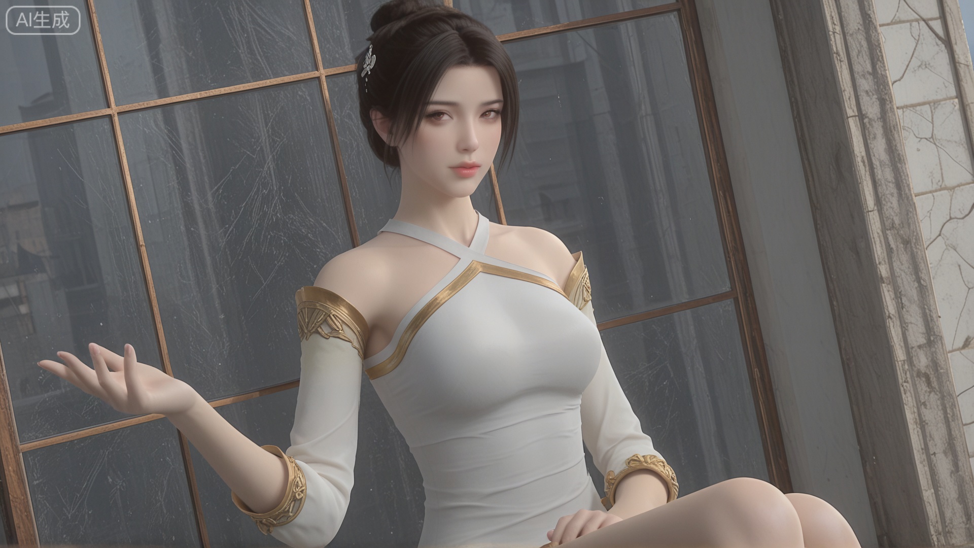GF3D, class 2 GF3D,1girl,SY clothes, outstretched hand, looking_at_viewer, exquisite_skin, side_sitting, glass_wall, outdoor, front_lighting, even_light, dynamic_angle