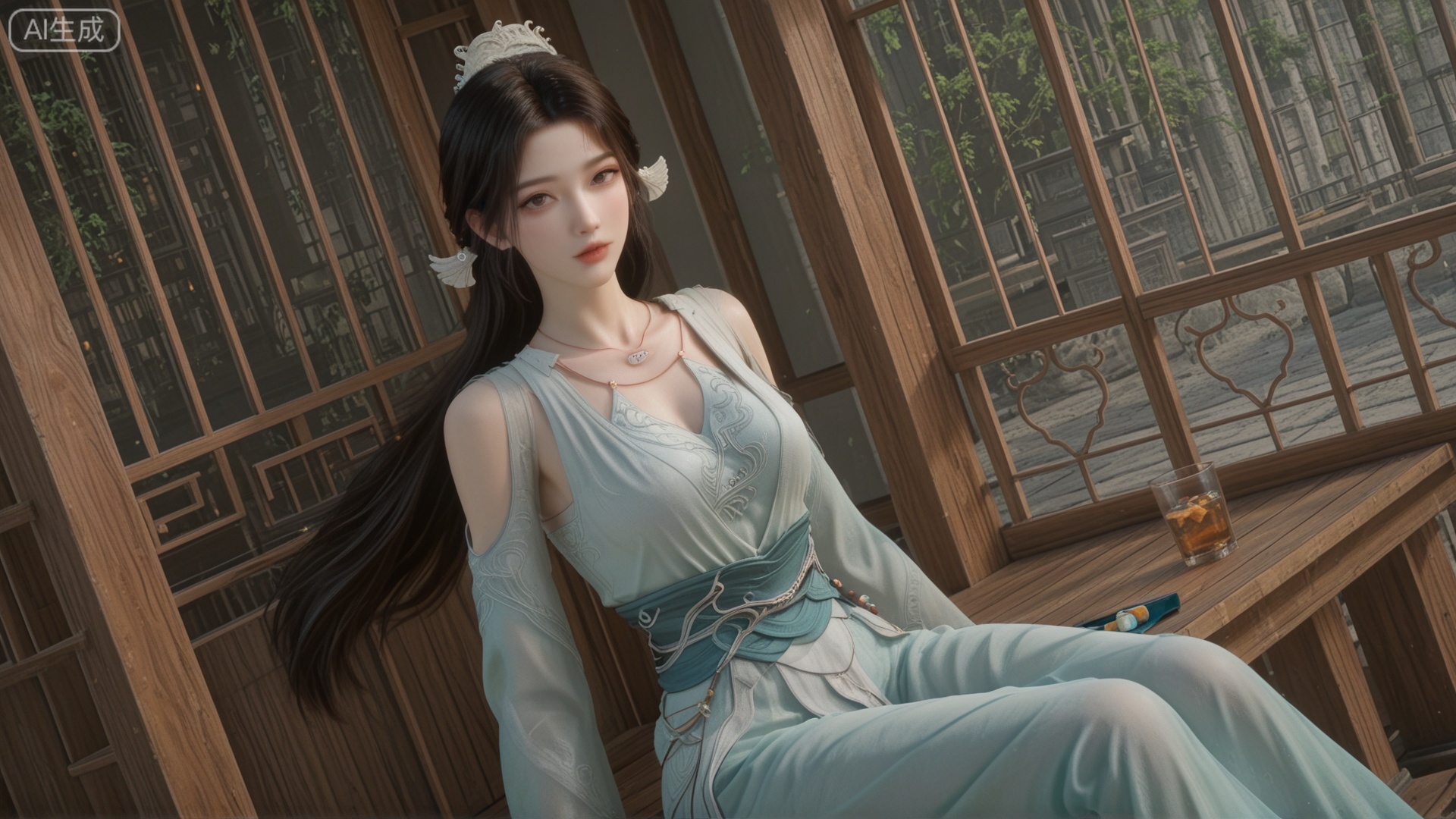 GF3D, class 1 GF3D,GF3D screen,1girl,SY clothes, looking_at_viewer, exquisite_skin, side_sitting, glass_wall, outdoor, front_lighting, even_light, dynamic_angle, floating_hair, direct_gaze