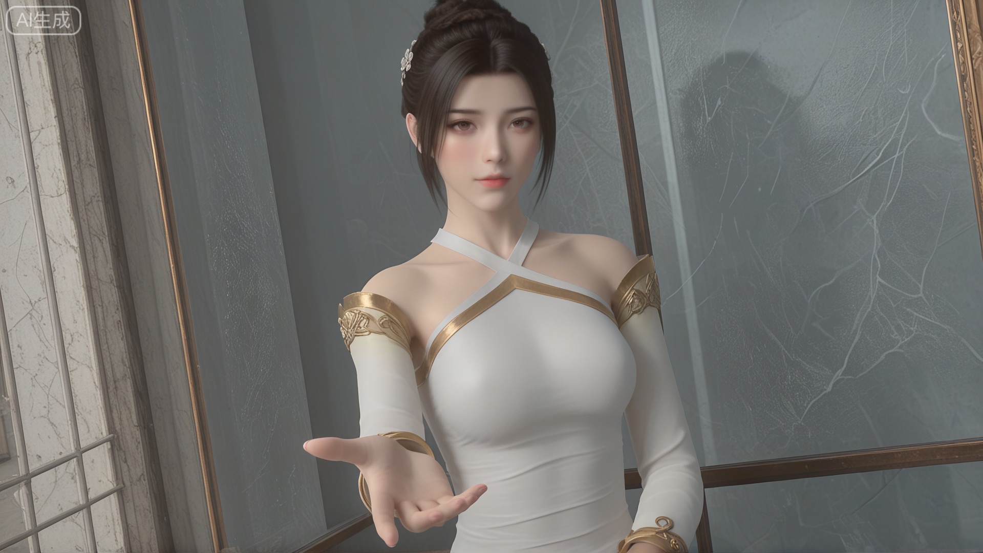 GF3D, class 1 GF3D,GF3D screen,1girl,SY clothes, outstretched hand, looking_at_viewer, exquisite_skin, side_sitting, glass_wall, outdoor, front_lighting, even_light, dynamic_angle