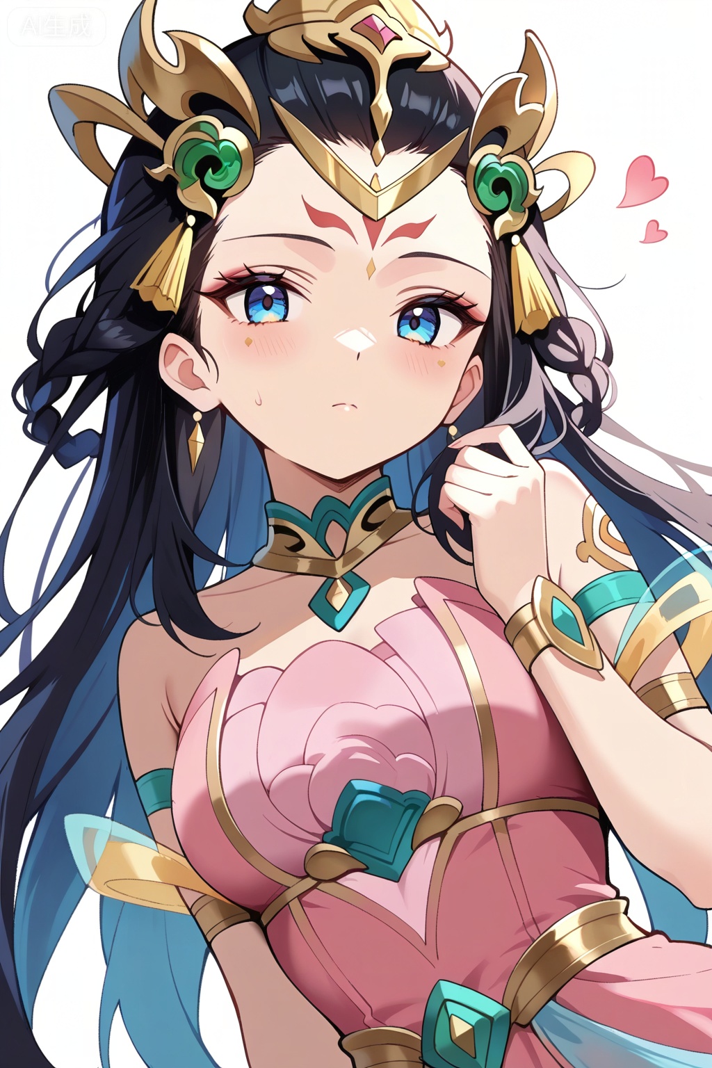 1girl,solo,best quality,amazing quality,,long black hair,red forehead marking,blue eyes,pink and turquoise dress,golden accessories,emerald accessories,headpiece,杨玉环,