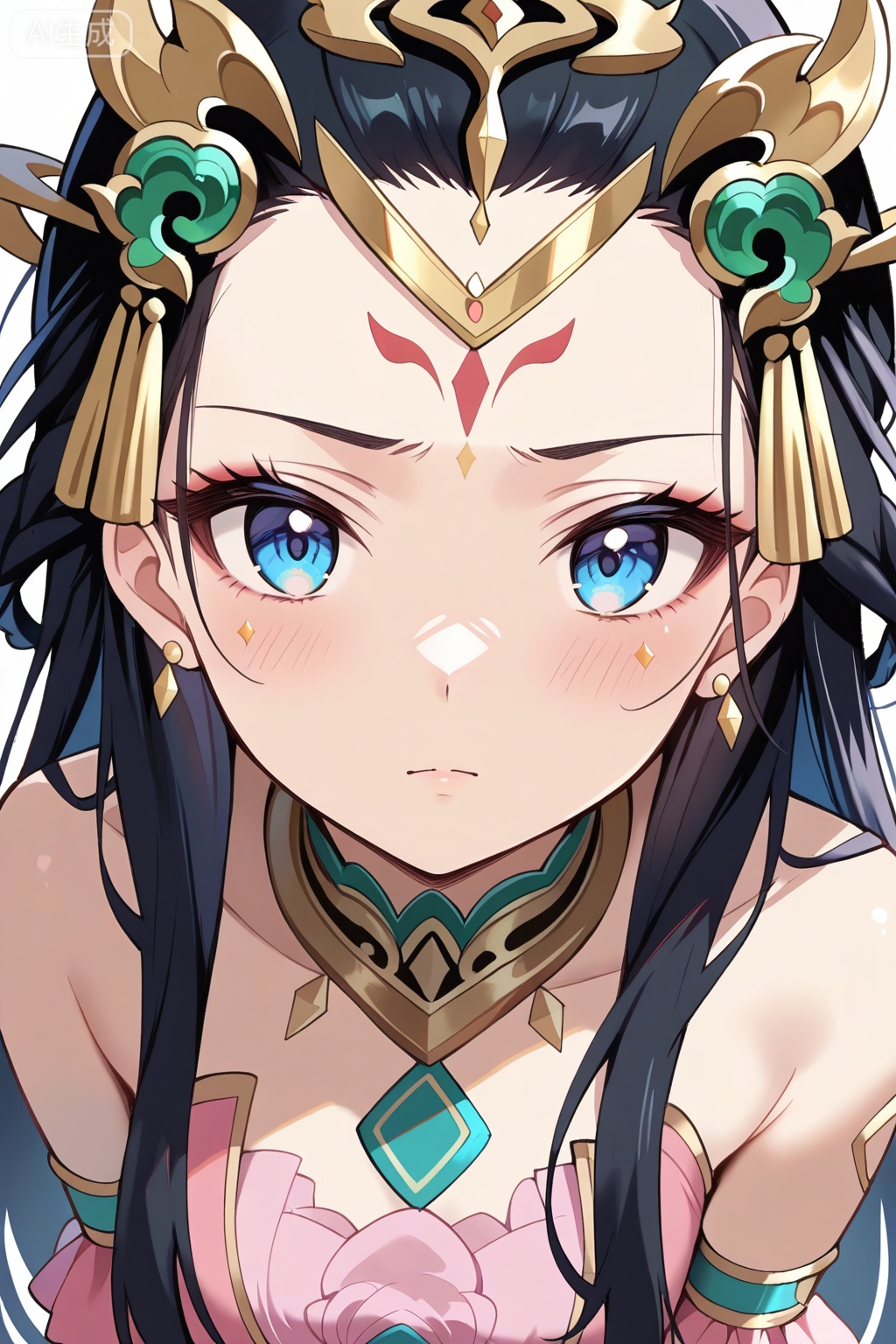 1girl,solo,best quality,amazing quality,,long black hair,red forehead marking,blue eyes,pink and turquoise dress,golden accessories,emerald accessories,headpiece,杨玉环,