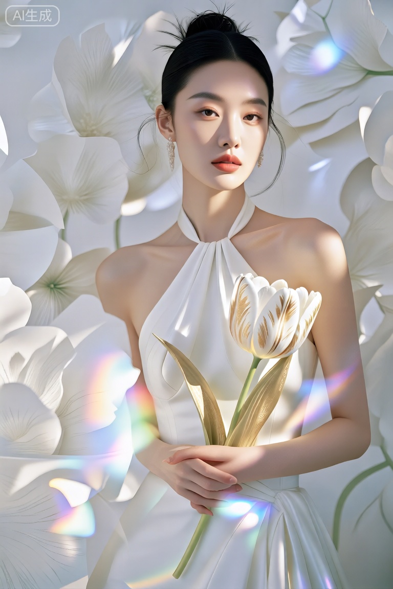 时尚杂志大片构图,光影,动态范围照明,色彩明亮,层次感,最佳质量,8K,丰富的色彩,高级感,高端质感。真实照片,
营造出一种神奇而超凡脱俗的光晕。这种风格融合了现实主义与奇幻元素,
女子身着白色挂脖礼裙,手持带金纹的白色郁金香,背景是白色花朵造型,整体简约优雅,尽显精致时尚感。