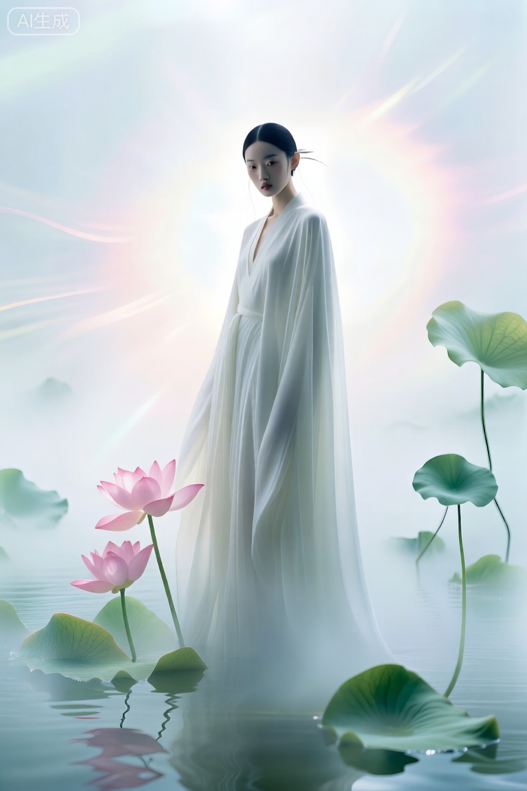 时尚杂志大片构图,光影,动态范围照明,色彩明亮,层次感,最佳质量,8K,丰富的色彩,高级感,高端质感。真实照片,
营造出一种神奇而超凡脱俗的光晕。这种风格融合了现实主义与奇幻元素,中式简约风格女子穿白色垂坠感长袍,立于雾蒙蒙的水面,身旁粉色荷花、绿色荷叶点缀,画面空灵素雅如水中仙子。