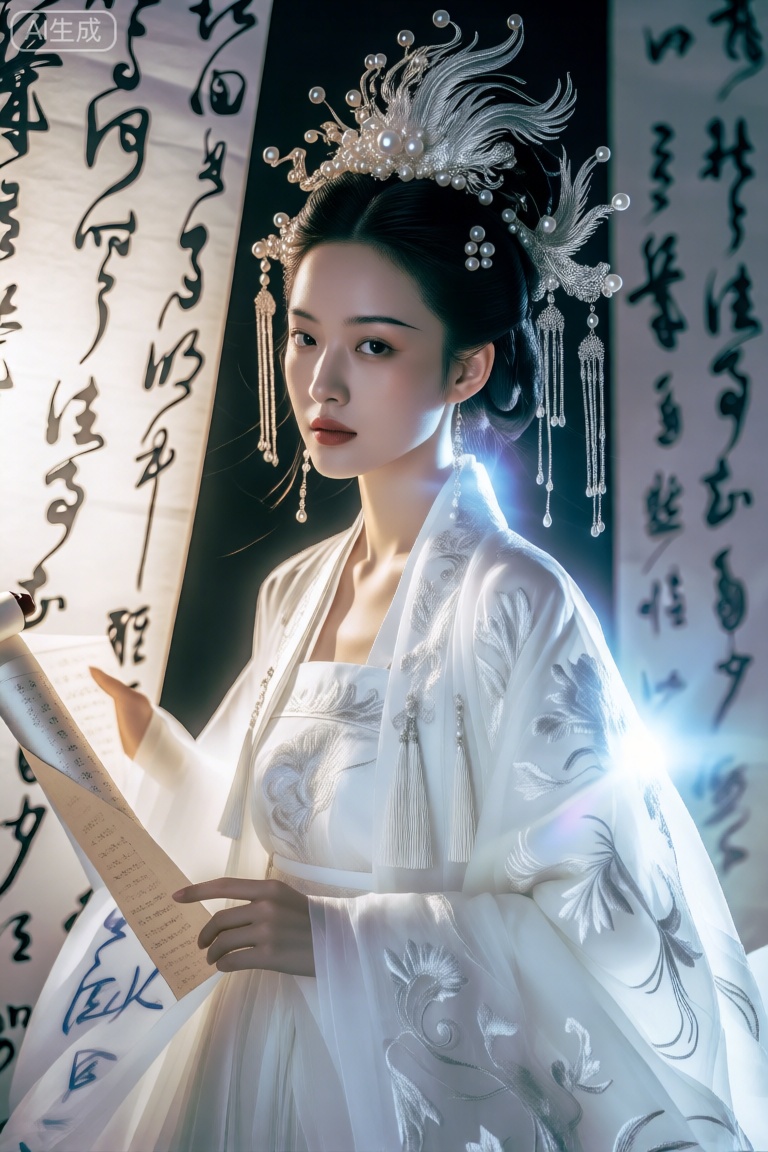 时尚杂志大片构图,光影,动态范围照明,色彩明亮,层次感,最佳质量,8K,丰富的色彩,高级感,高端质感。真实照片,
营造出一种神奇而超凡脱俗的光晕。这种风格融合了现实主义与奇幻元素,中式简约风格女子身着白色绣银纹的华美汉服,搭配缀满珍珠的银质凤冠,流苏垂落。背景是书法卷轴,整体既显古典端庄,又通过精致绣纹与灵动流苏,展现出传统服饰的工艺之美。