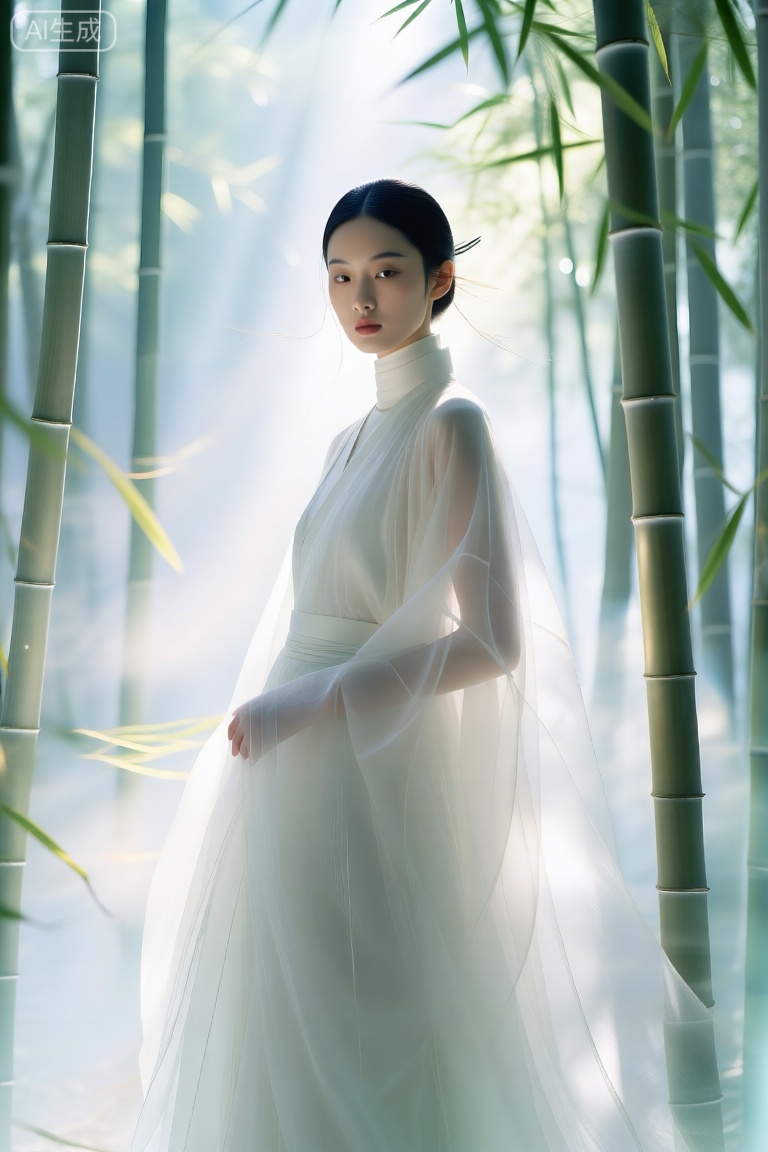 时尚杂志大片构图,光影,动态范围照明,色彩明亮,层次感,最佳质量,8K,丰富的色彩,高级感,高端质感。真实照片,
营造出一种神奇而超凡脱俗的光晕。这种风格融合了现实主义与奇幻元素,中式简约风格女子穿着简约飘逸的白色高领汉服,立于竹林间,纱质面料轻盈通透,与竹林的清新雅致相融,传递出淡雅空灵的禅意,尽显东方美学的简约之美。