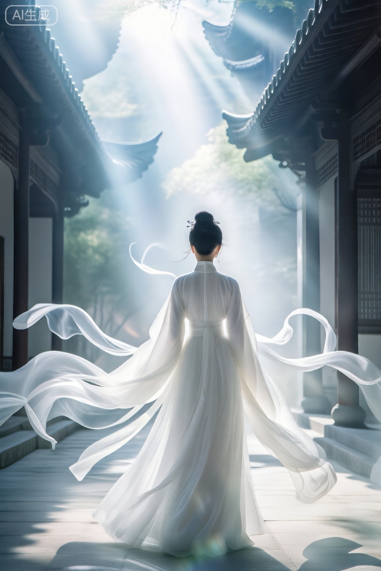 时尚杂志大片构图,光影,动态范围照明,色彩明亮,层次感,最佳质量,8K,丰富的色彩,高级感,高端质感。真实照片,
营造出一种神奇而超凡脱俗的光晕。这种风格融合了现实主义与奇幻元素,中式简约风格女子身着白色汉服长裙,背影立于古风建筑间,衣袂与白色丝带随风飘舞,上方光线洒落,仙气十足,充满古典意境。