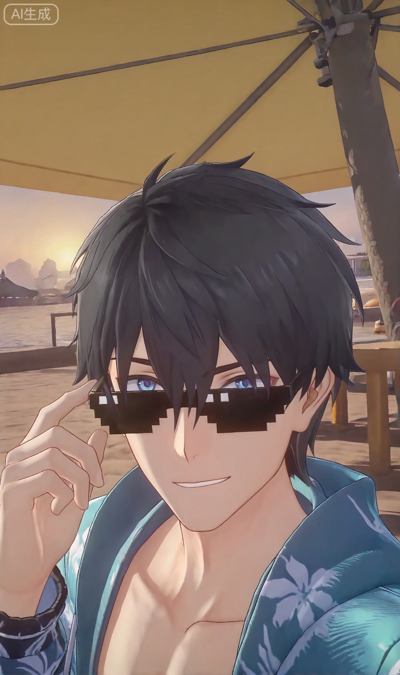 chenxiu,hair between eye,hair between eye,black hair,blue eyes,bangs,short hair


((1boy))
Sunglasses, Pixel Sunglasses,((3D))