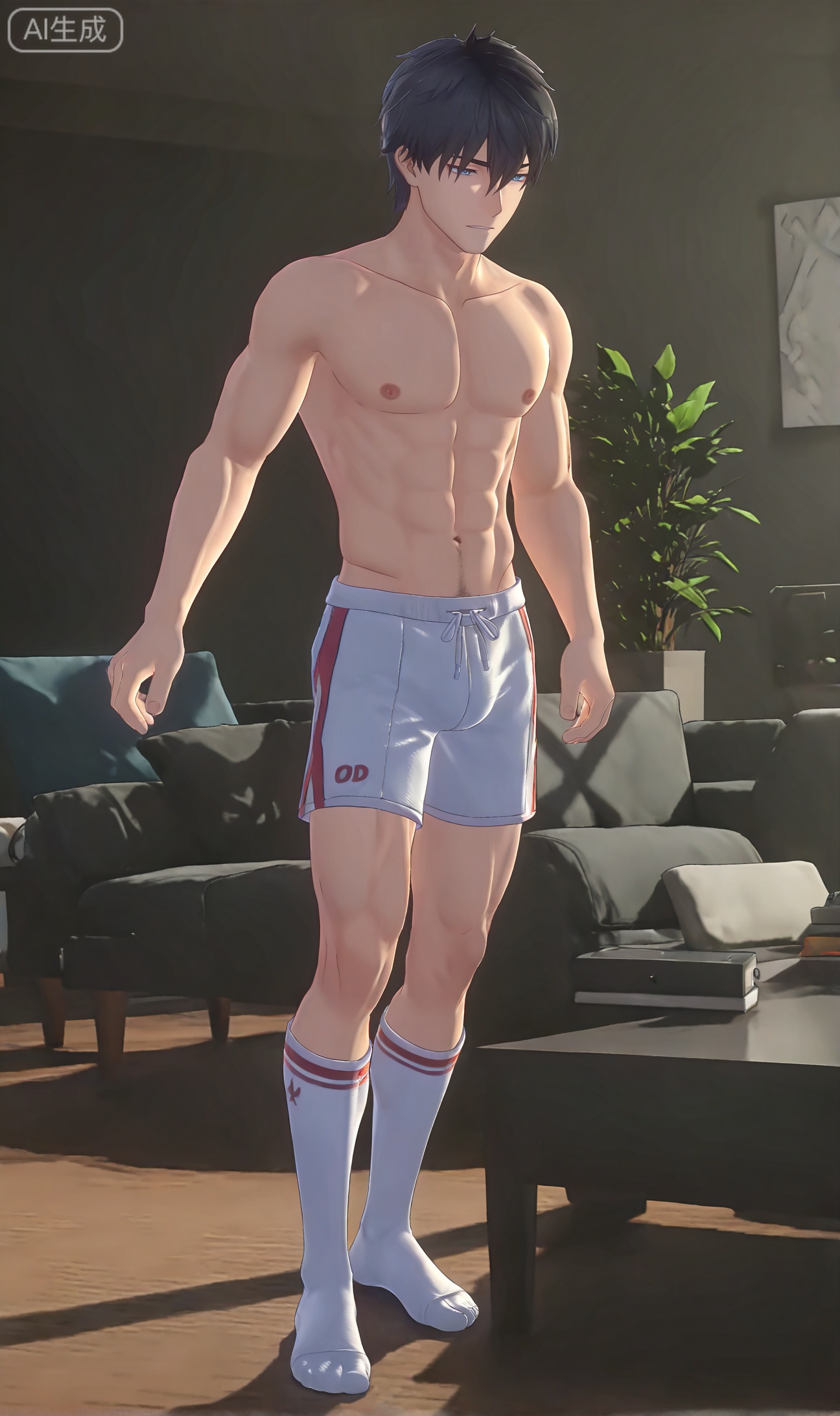 chenxiu,hair between eye,hair between eye,black hair,blue eyes,bangs,short hair

1boy,(((3D)))White shorts, white socks, white hoodie,masterpiece, best quality, highres, goldenfieldszho, very awa, newest, absurdres, perfect lighting, , nsfw, yaoi, , male, masculine, (athletic, muscular), , 1boy,mature male,1boy,1male,
