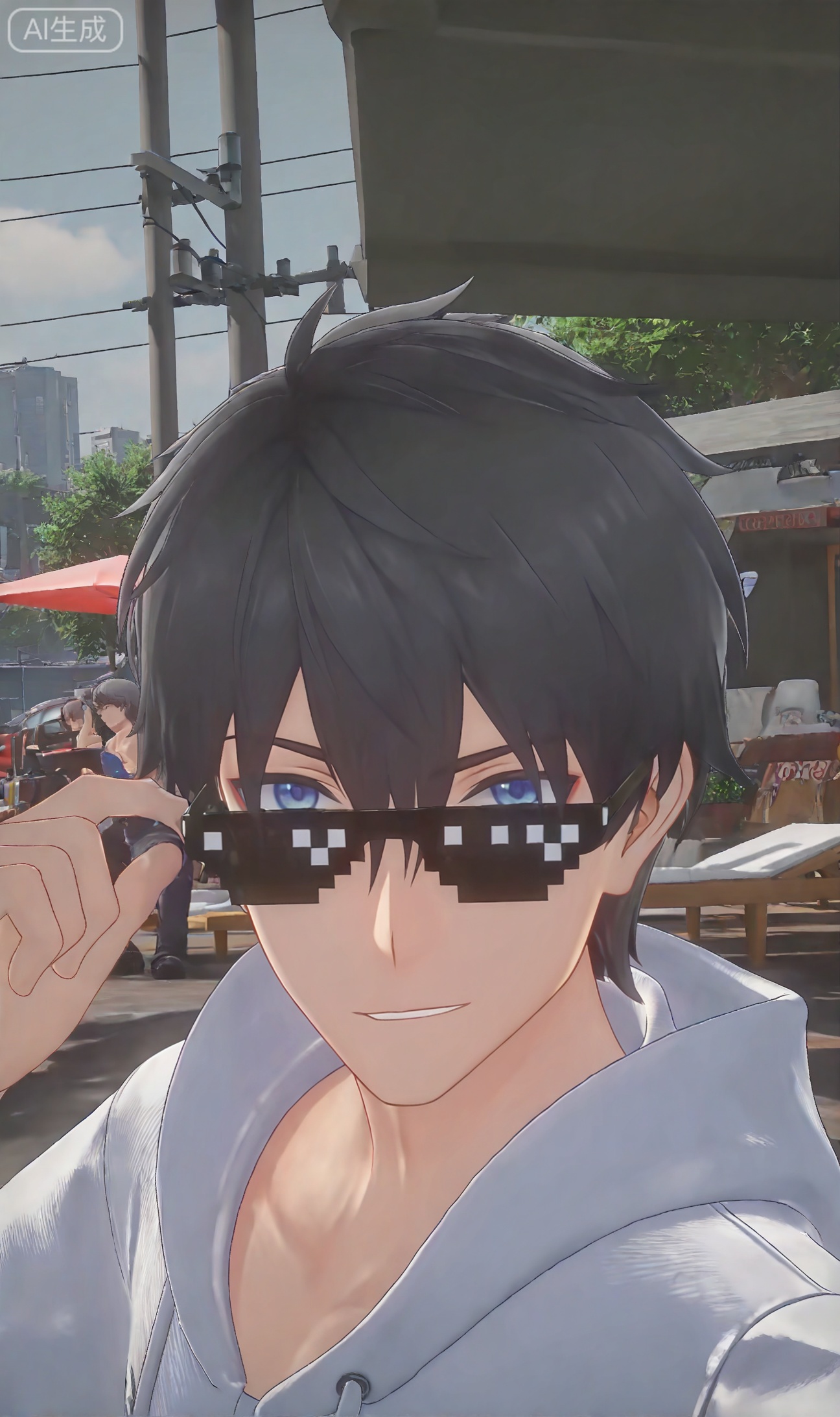 chenxiu,hair between eye,hair between eye,black hair,blue eyes,bangs,short hair


((1boy))
Sunglasses, Pixel Sunglasses,((3D)),White hoodie