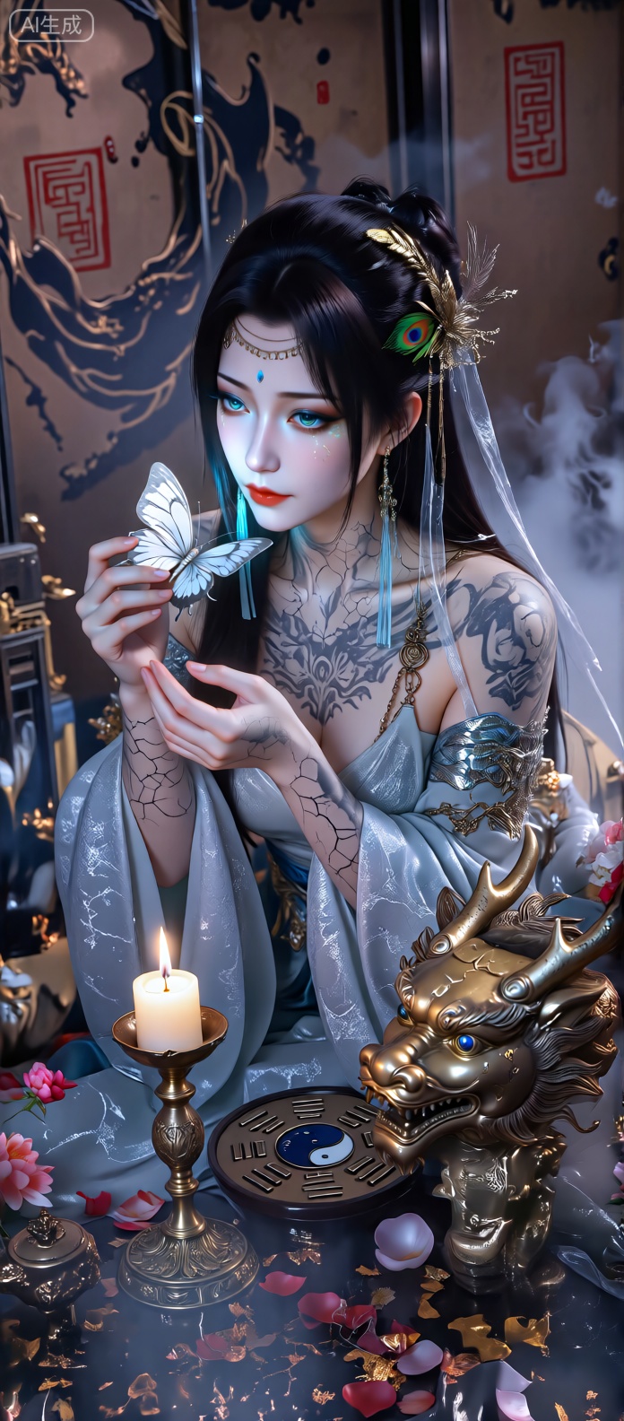 画面呈现出充满东方玄幻色彩的风格,一位有着裂纹般纹身、肌肤似瓷的人物,黑发间点缀金色蝴蝶,戴着带有孔雀羽毛元素的透明饰带,眼部泛着蓝光,正轻柔托着一只银白蝴蝶。人物身着带有裂纹纹理的古风服饰,佩戴着带有龙头装饰的金属链饰,身旁是燃着烛火、雕刻着兽头的古朴八卦形器物,周围散落着花瓣、花朵,背景是带有旋涡图案、红色印章与裂纹的古老墙面,还萦绕着烟雾,整体氛围神秘又华丽,融合了奇幻、古风与诡异的美感。额头上的装饰链条
