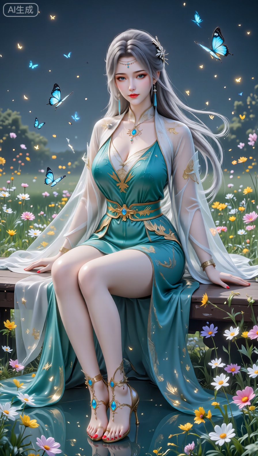 这幅CG插画呈现出一位充满仙气的女性形象。她有着一头飘逸的灰白色长发,额头上的精致吊链,尽显华贵。身着带有中式元素的服饰,上衣为青绿色,搭配金色花纹装饰的腰带,外搭轻薄的半透明白色飘带,增添了灵动之感。 她的腿部佩戴着精致的金色脚饰,脚饰上镶嵌着蓝色宝石,脚指甲涂成了红色。她优雅地坐在一片开满各色花朵的草地上,周围有许多蝴蝶飞舞,背景是带有朦胧感的深色天空,整体营造出一种清新、梦幻且充满自然气息的氛围,仿佛置身于仙境之中。