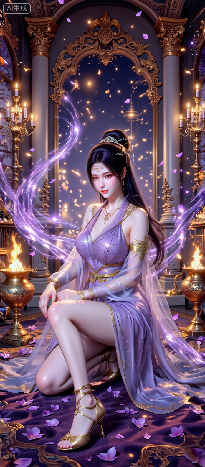 一位女子跪坐在华丽的欧式宫殿内,她身着带有金色装饰的淡紫色飘逸长裙,搭配金色绑带高跟鞋与精致的臂环、项链等配饰,乌黑长发优雅盘起并饰有头饰。周围环绕着流动的紫色光带与闪烁的紫色花瓣,宫殿内有精美的金色雕花立柱、悬挂的烛台灯火璀璨,两侧摆放着燃烧火焰的金色器皿,地面铺着紫色绒毯,散落着紫色花瓣,整体画面光线温暖华丽,营造出梦幻神秘的魔幻氛围,风格精致写实,细节丰富。额头上的装饰链条