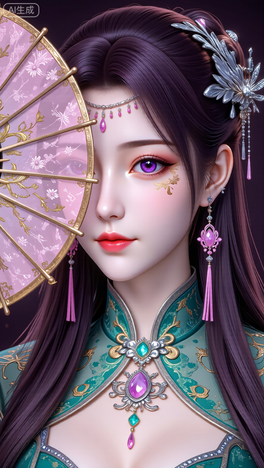 这是一幅精美的古风CG插画。画面中的女性角色妆容精致,紫色的眼眸十分夺目,眼角还带有金色的花纹装饰,增添了几分华丽感；唇色鲜艳,为整体妆容增色不少。 她的发型优雅,头上戴着华丽的粉色头饰,点缀着银色的发簪,垂下的装饰增添了灵动之美。耳朵上佩戴着造型精美的粉色耳坠,流苏摇曳。颈部的绿色服饰装饰繁复,镶嵌着宝石,与整体造型相呼应。她还手持一把带有金色花纹的半透明扇子,遮住另一只眼,给人一种含蓄的美感和神秘的氛围。