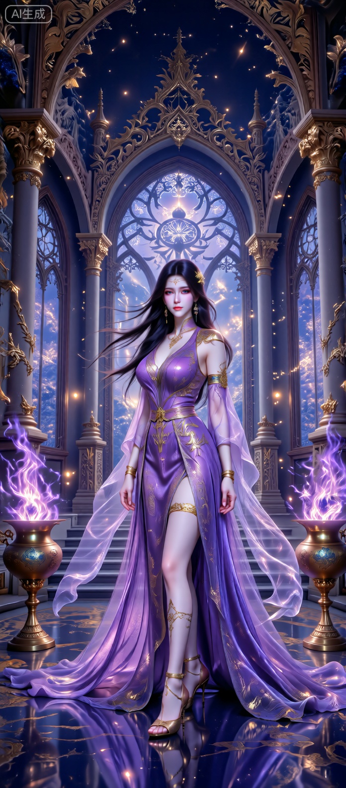 一位身着华丽紫色长裙的女子,裙摆如流动的紫霞般飘逸,裙身饰有精致金色花纹,搭配金色高跟鞋与臂环、腿饰等配饰,乌黑长发随风飞舞。她立于一座充满哥特式风格的宏伟宫殿中,宫殿有着繁复精美的金色雕花立柱、拱形窗棂,穹顶透入微光,地面倒映着紫色光晕,两侧摆放着燃烧着紫色火焰的金色器皿,整体画面笼罩在神秘梦幻的蓝紫色调里,光线奇幻绚丽,营造出史诗般的魔幻氛围,细节极致精美,风格偏向玄幻写实。
