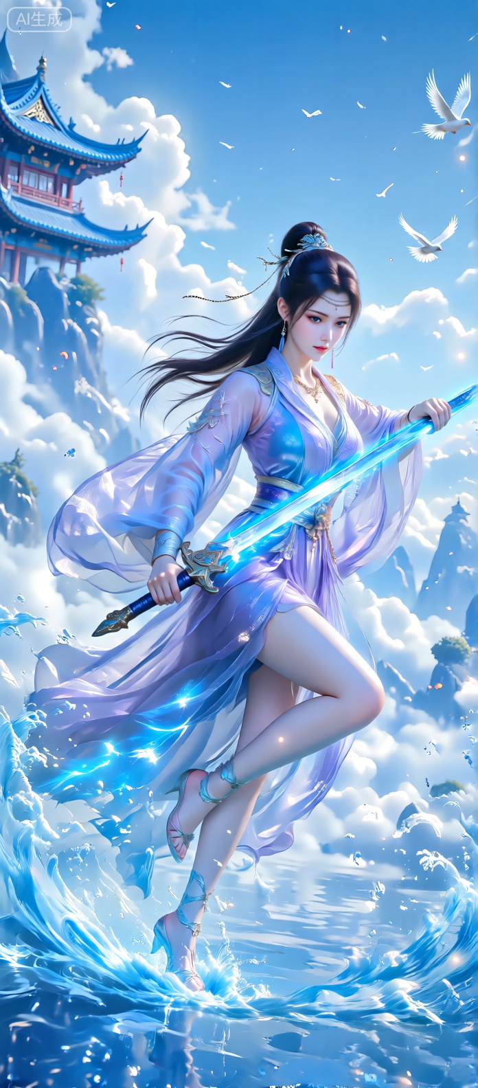 一位身着蓝紫色飘逸古装的女子,手持散发蓝光的长剑,身姿轻盈如在水面腾跃,衣袂与长发随风飞舞,配饰精美,脚边带起蓝色水浪特效。背景是云雾缭绕的古风仙境,有飞檐翘角的蓝色古建楼阁,几只白色飞鸟翱翔于澄澈蓝天,整体画面以清冷的蓝白色调为主,光线清新明亮,营造出空灵玄幻的仙侠氛围,风格精致写实,细节丰富,充满动态美感。额头上的装饰链条