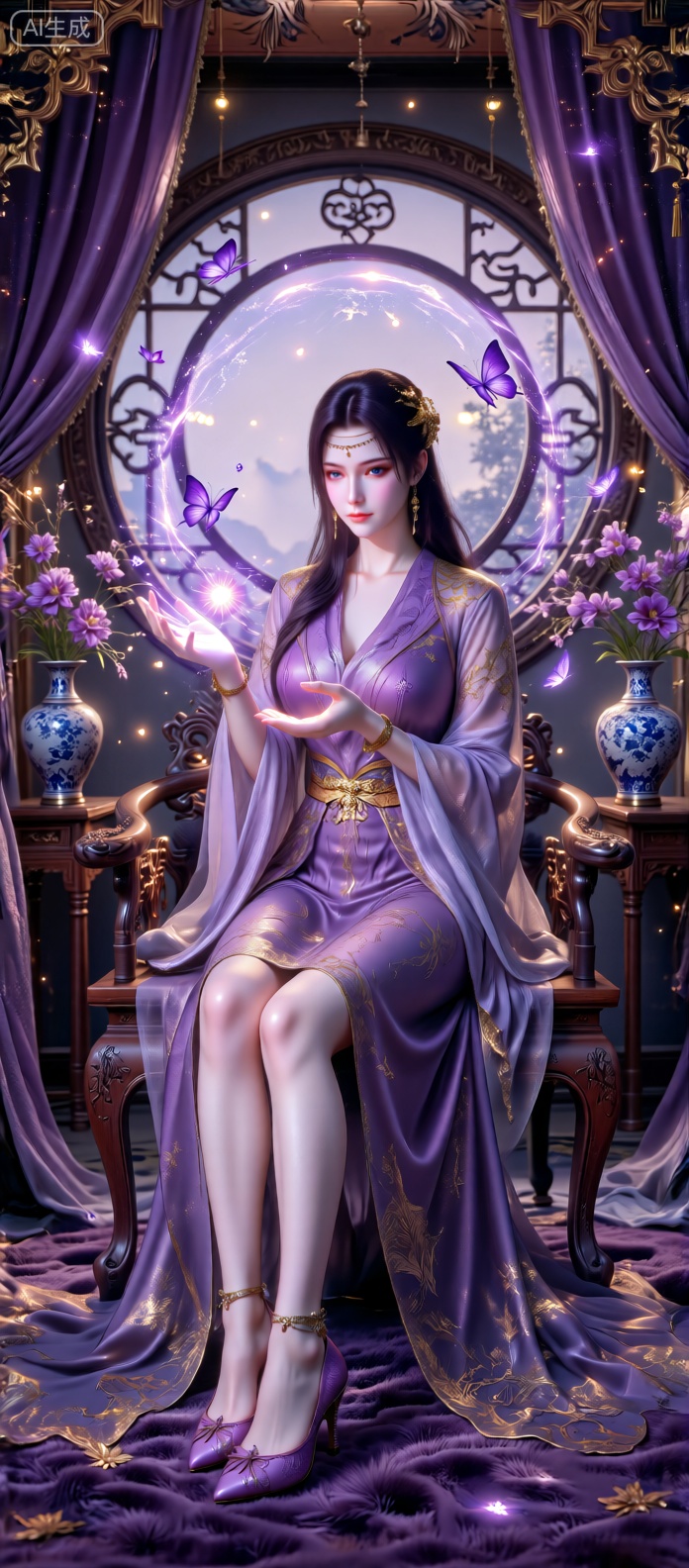 一位女子坐在古色古香的雕花木椅上,身着带有金色花纹装饰的紫色飘逸长裙,裙摆垂落铺展,搭配金色腕饰与精致的紫色高跟鞋。她的手掌上方悬浮着散发紫色光芒的魔法能量,周围有紫色蝴蝶飞舞。背景是带有圆形窗棂的古风室内场景,两侧摆放着插有紫色花朵的蓝白相间花瓶,紫色帷幔垂下,地面铺着紫色绒毯,整体画面光线柔和梦幻,营造出神秘优雅的玄幻氛围,风格精致写实,细节丰富。额头上的装饰链条