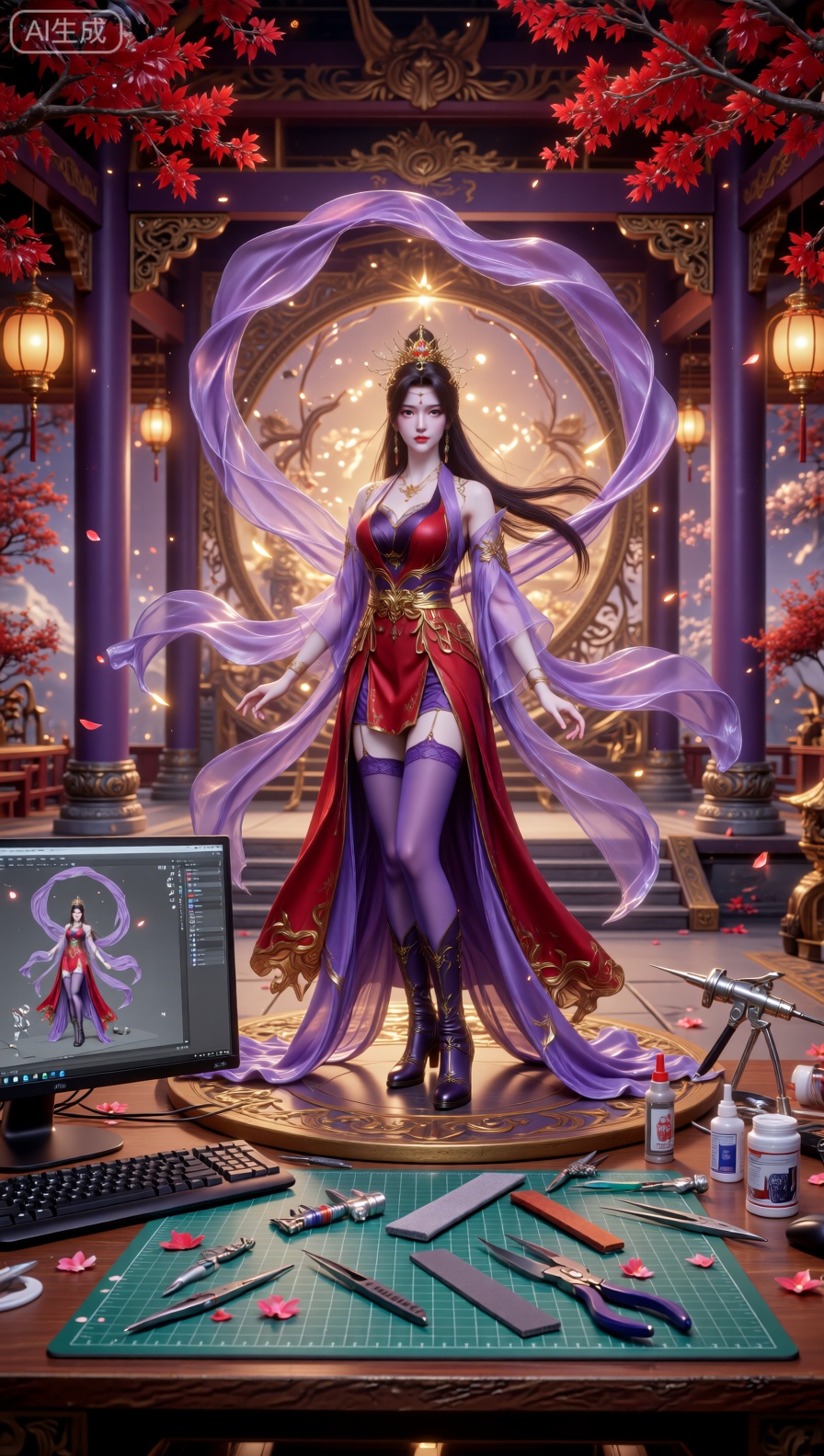 An enchanting divine figure stands powerfully on a decorated platform in a resplendent ancient East Asian hall, illuminated by soft, golden light that highlights the intricate carvings, purple pillars, and a canopy of red foliage above. She is clad in a breathtaking outfit: a red and dark gown with exquisite golden embellishments, purple thigh - high stockings, and detailed dark boots. Her long, dark hair cascades freely, and a golden crown rests on her head. The scene is dominated by enormous, flowing purple silk ribbons that dance around her in a dramatic, almost magical display, creating a sense of intense motion. Glowing lanterns and scattered petals add to the hall’s mystical and opulent mood. This image is crafted in a hyper - realistic fantasy illustration style, utilizing a full - body shot to display her imposing form and the dynamic ribbons, deep depth of field to keep both the subject and the elaborate architectural background clear, harmonious color grading that blends the vivid reds, golds, and warm tones of the hall, and a composition that radiates celestial strength and mythical beauty. Produced with museum - quality detail, smooth textures, and a luminous, fairy - tale atmosphere.基于参考图,将角色转换为1/7比例的高完成度PVC静态手办的图片,图片中该角色置于手办制作工作台：电脑屏幕,键盘,浅绿切割垫、喷枪、替换手与面部、镊子、刻刀、尖嘴钳、砂纸条、胶水和颜料罐四散摆放,桌上的电脑屏幕正在显示该手办的三维建模图。手办背后是一只较大的玩具品牌的开窗盒,正面透明塑料窗可看见同款手办的本体和配件。室内暖色灯光,柔和的45°主光+顶补光；单反摄影质感,50mm镜头,f/2.8,浅景深,真实PVC/ABS塑料反射,喷涂阴影、细微合模线与微划痕,桌面反射与颗粒感,背景轻微散景。