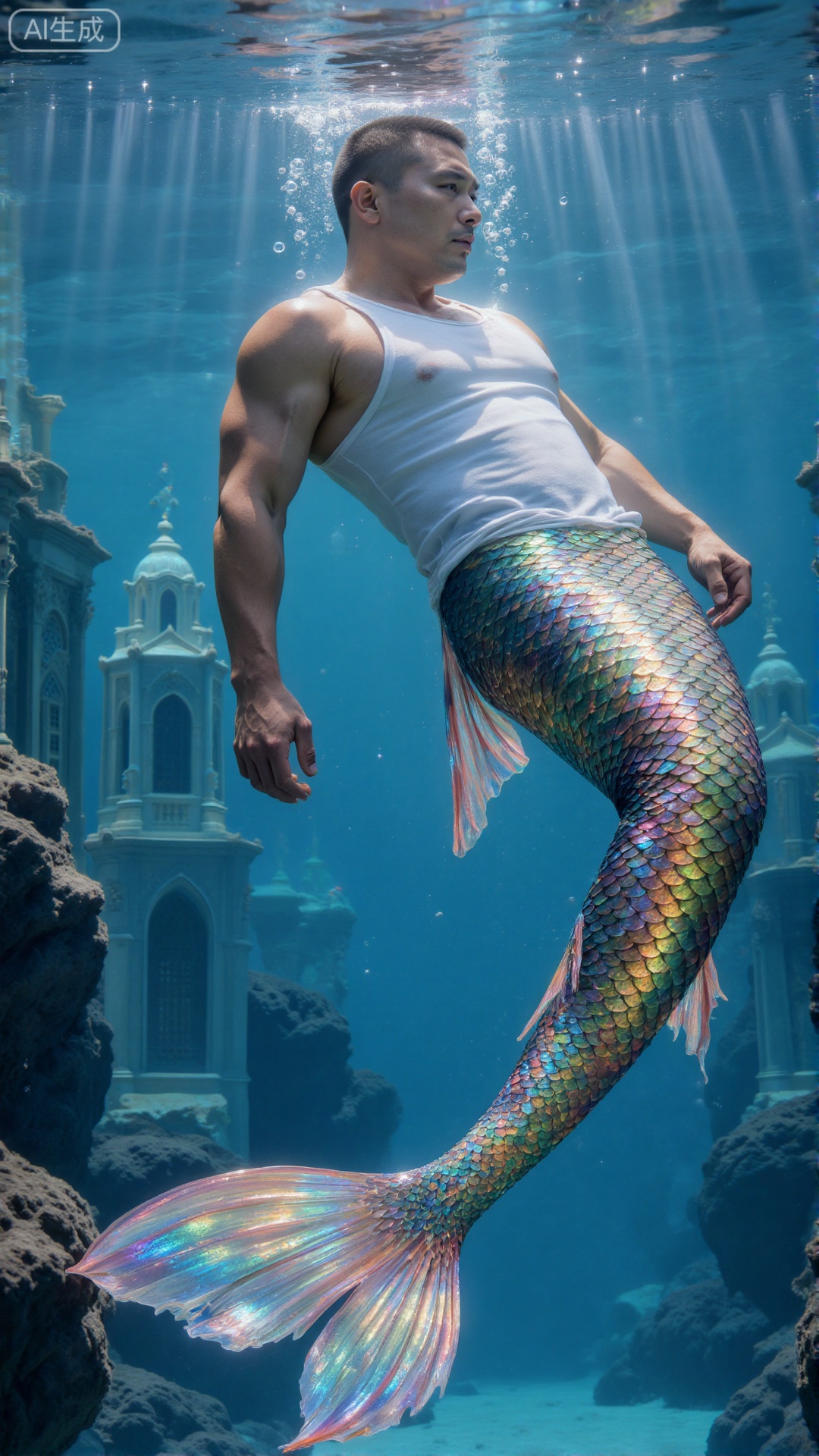 A muscular male mermaid is swimming underwater, wearing a white vest. His tails are rainbow-colored scales. The sun shines through the clear blue water, surrounded by bubbles and rocks. Create a vivid underwater scene, and there are many magnificent palace buildings in the sea.,Merfolk clan,The mermaid swims in a recumbent position like a crucian carp,