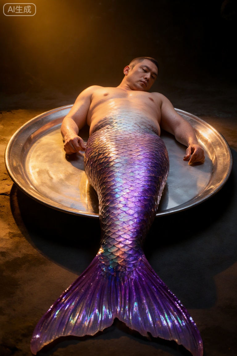 Merfolk clan,
A male mermaid lies on a large metal tray. His fishtail has iridescent purple scales, glowing under warm light. The scene feels surreal and slightly eerie, with the mermaid appearing still.