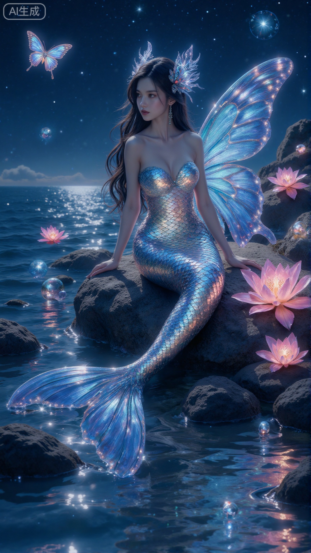 A female mermaid with butterfly wings sits on a rock by the sea at night. She has long dark hair, a silver - scaled mermaid tail, and large glowing blue butterfly wings. There are pink lotus flowers, glowing butterflies, and sparkling orbs around. The starry night sky and shimmering sea create a magical and dreamy atmosphere.,Merfolk clan