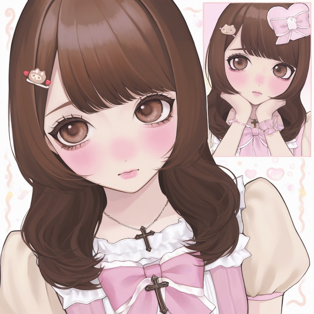 1girl,  brown hair,  brown beige and pastel pink accents in photos on Tensor.Art