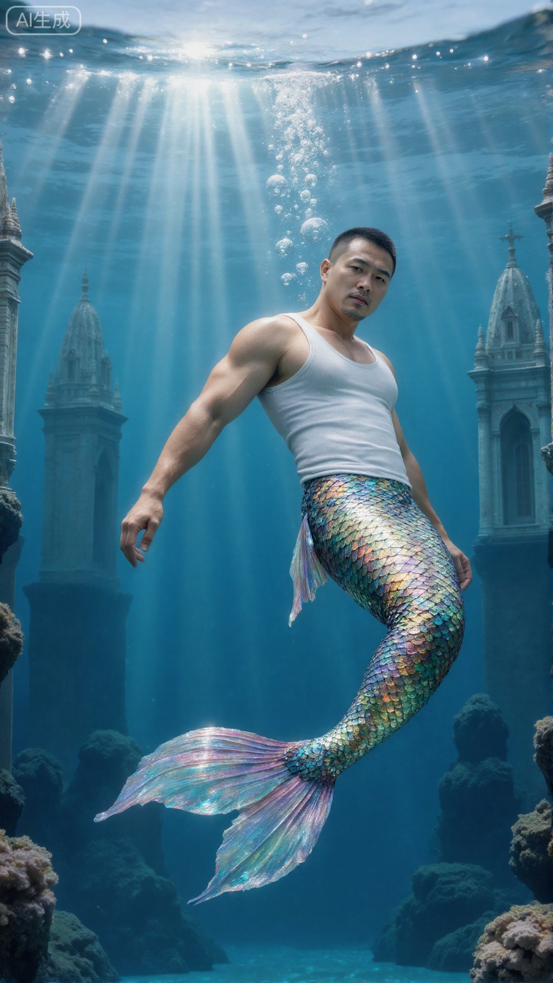 A muscular male mermaid is swimming underwater, wearing a white vest. His tails are rainbow-colored scales. The sun shines through the clear blue water, surrounded by bubbles and rocks. Create a vivid underwater scene, and there are many magnificent palace buildings in the sea.,Merfolk clan,The mermaid swims in a recumbent position like a crucian carp,