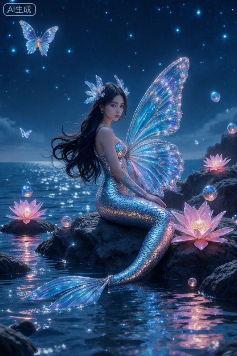 A female mermaid with butterfly wings sits on a rock by the sea at night. She has long dark hair, a silver - scaled mermaid tail, and large glowing blue butterfly wings. There are pink lotus flowers, glowing butterflies, and sparkling orbs around. The starry night sky and shimmering sea create a magical and dreamy atmosphere.,Merfolk clan
