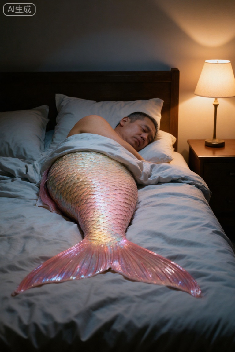 Merfolk clan, A middle - aged male mermaid sleeps in bed. He has a bare upper body, and his fishtail has iridescent pink - gold scales. The bed has light - colored sheets, and a lamp on the bedside table emits warm light, creating a peaceful and quiet atmosphere.