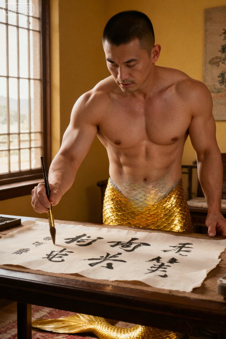 Merfolk clan, A muscular male mermaid practices Chinese calligraphy in a traditional room. He has a bare torso and a golden fishtail with scales. Holding a brush, he writes on rice paper. The room has warm yellow walls, a window with sunlight, and traditional furniture, creating a cultural and serene atmosphere.