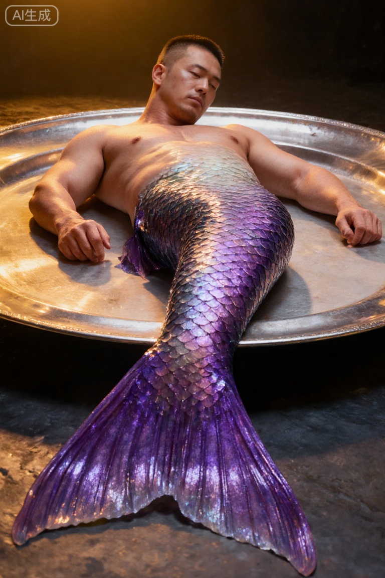 Merfolk clan, A male mermaid lies on a large metal tray. His fishtail has iridescent purple scales, glowing under warm light. The scene feels surreal and slightly eerie, with the mermaid appearing still.