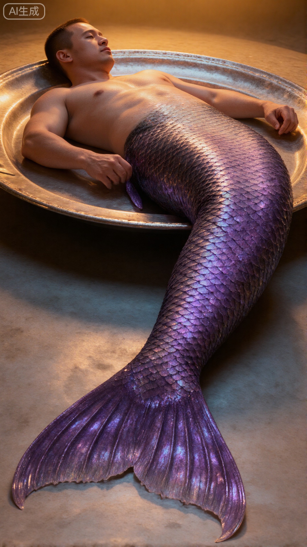 Merfolk clan, A male mermaid lies on a large metal tray. His fishtail has iridescent purple scales, glowing under warm light. The scene feels surreal and slightly eerie, with the mermaid appearing still.