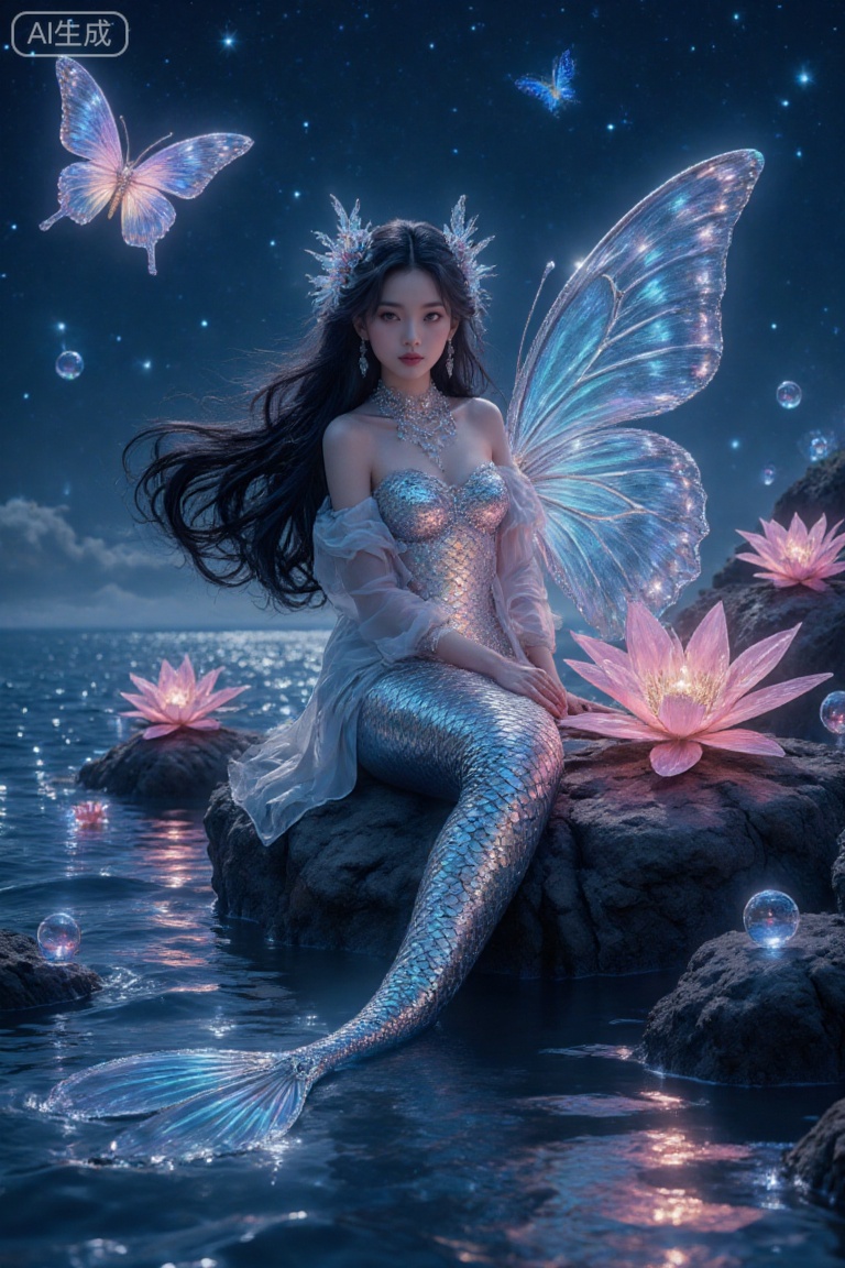 She was wearing a beautiful chiffon evening gown,shirt,A female mermaid with butterfly wings sits on a rock by the sea at night. She has long dark hair, a silver - scaled mermaid tail, and large glowing blue butterfly wings. There are pink lotus flowers, glowing butterflies, and sparkling orbs around. The starry night sky and shimmering sea create a magical and dreamy atmosphere.,Merfolk clan
He was wearing pajamas