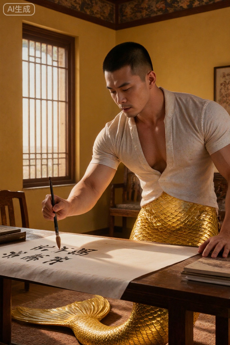 Merfolk clan,He was wearing short sleeves,shirt,
A muscular male mermaid practices Chinese calligraphy in a traditional room. He has a bare torso and a golden fishtail with scales. Holding a brush, he writes on rice paper. The room has warm yellow walls, a window with sunlight, and traditional furniture, creating a cultural and serene atmosphere.