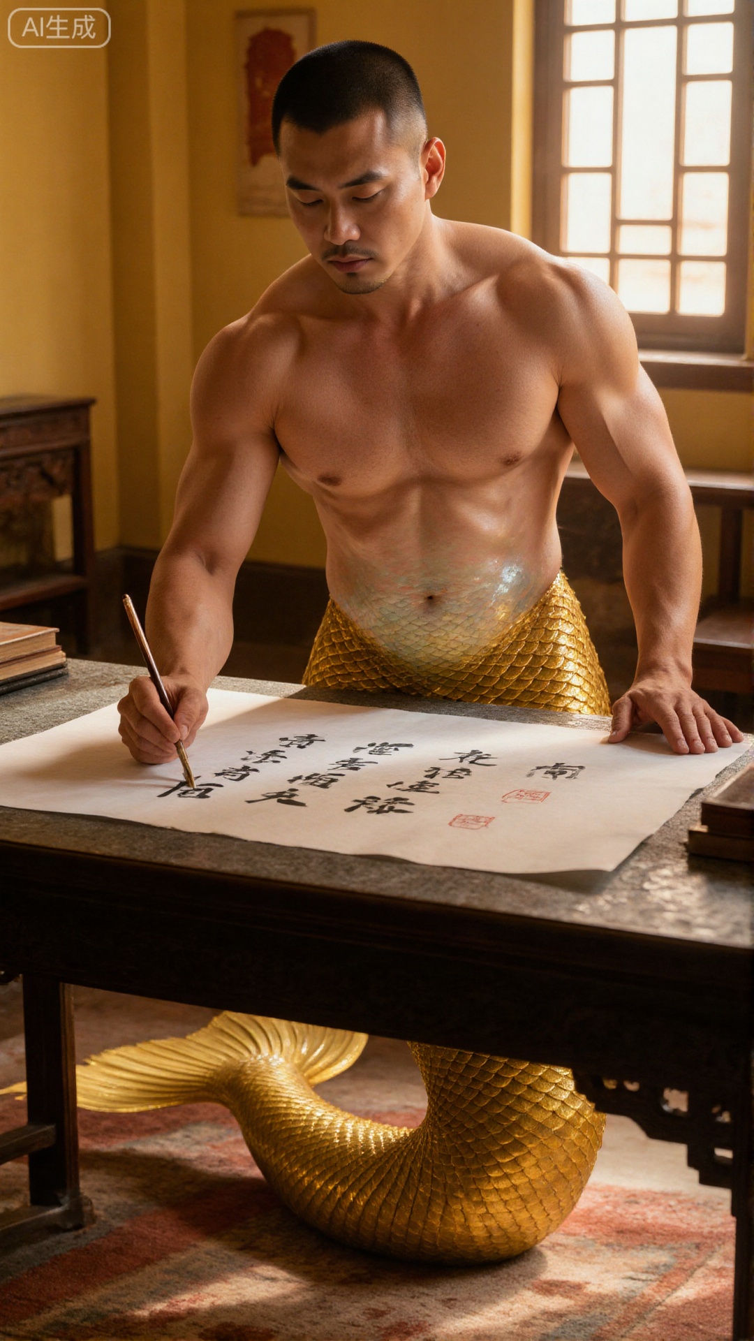 Merfolk clan, A muscular male mermaid practices Chinese calligraphy in a traditional room. He has a bare torso and a golden fishtail with scales. Holding a brush, he writes on rice paper. The room has warm yellow walls, a window with sunlight, and traditional furniture, creating a cultural and serene atmosphere.