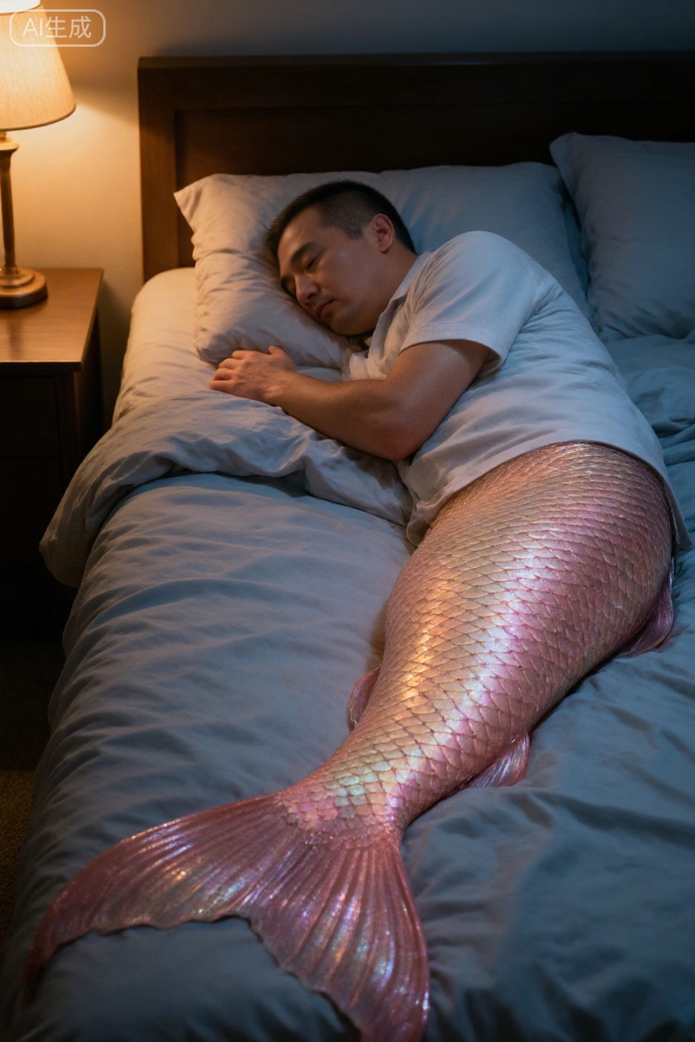 Merfolk clan,He was wearing pajamas,SHIRT,A middle - aged male mermaid sleeps in bed. He has a bare upper body, and his fishtail has iridescent pink - gold scales. The bed has light - colored sheets, and a lamp on the bedside table emits warm light, creating a peaceful and quiet atmosphere.
