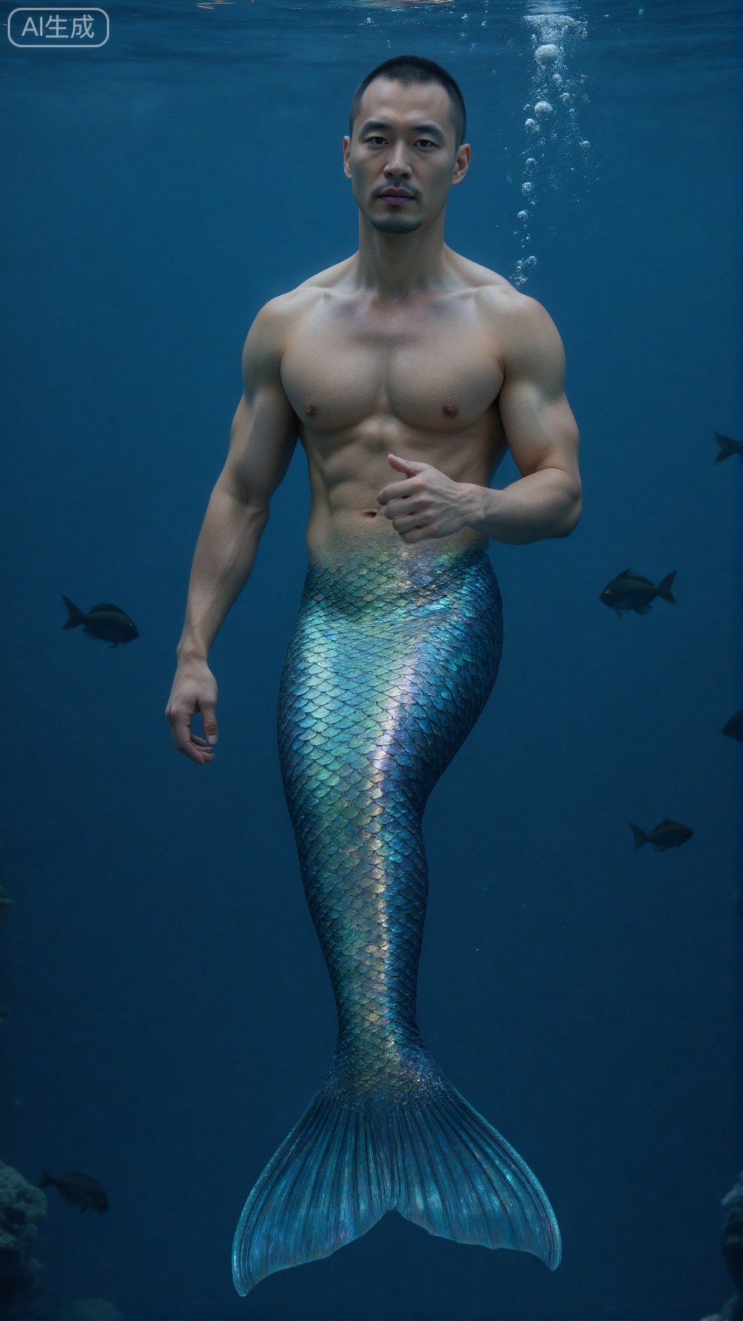 Merfolk clan,
A muscular male mermaid swims underwater. His fishtail has iridescent blue - green scales and a shimmering fin. The deep blue water, bubbles, and faint fish silhouettes create a vivid underwater scene.
