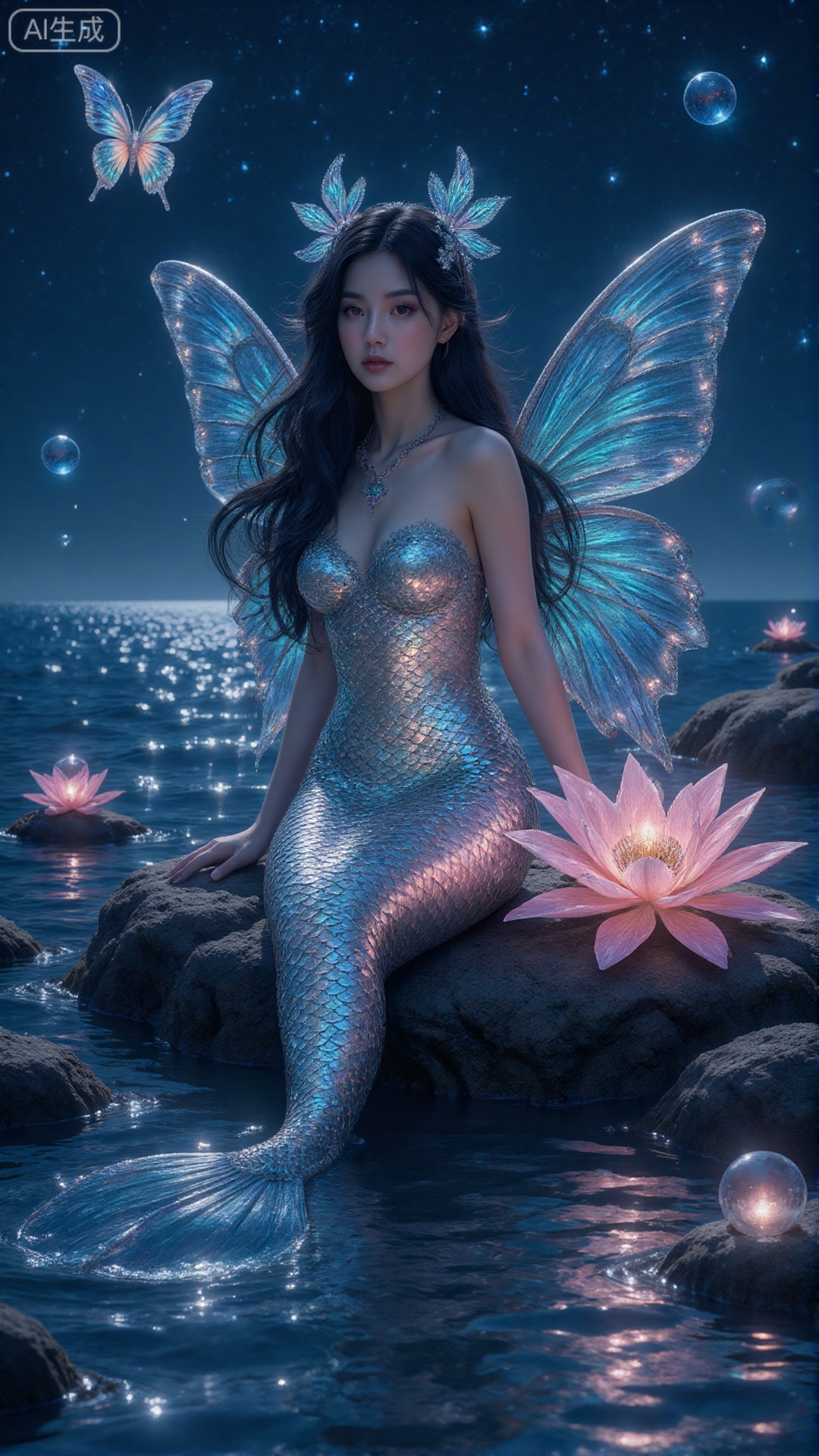 Merfolk clan,A female mermaid with butterfly wings sits on a rock by the sea at night. She has long dark hair, a silver - scaled mermaid tail, and large glowing blue butterfly wings. There are pink lotus flowers, glowing butterflies, and sparkling orbs around. The starry night sky and shimmering sea create a magical and dreamy atmosphere.