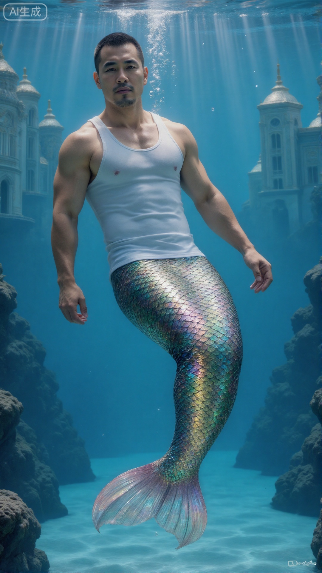 A muscular male mermaid is swimming underwater, wearing a white vest. His tails are rainbow-colored scales. The sun shines through the clear blue water, surrounded by bubbles and rocks. Create a vivid underwater scene, and there are many magnificent palace buildings in the sea.,Merfolk clan