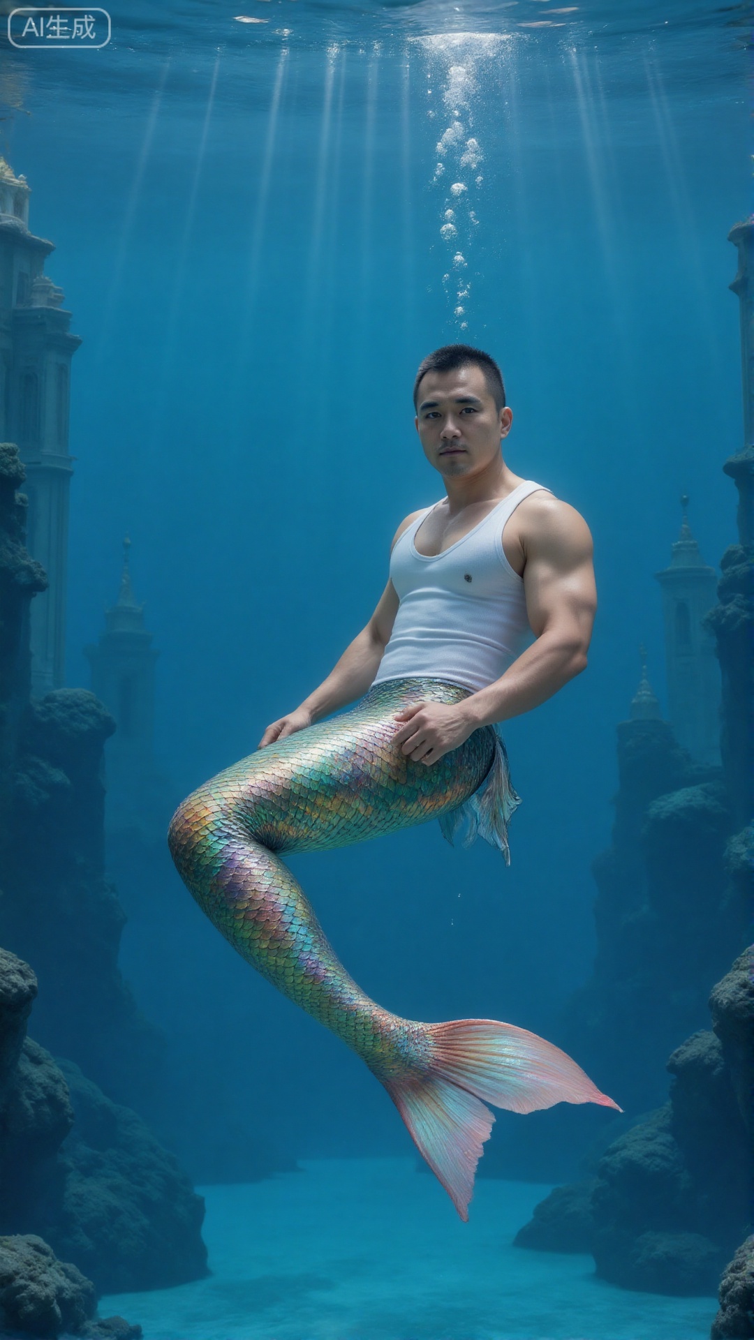 A muscular male mermaid is swimming underwater, wearing a white vest. His tails are rainbow-colored scales. The sun shines through the clear blue water, surrounded by bubbles and rocks. Create a vivid underwater scene, and there are many magnificent palace buildings in the sea.,Merfolk clan,The mermaid swims in a recumbent position like a crucian carp,