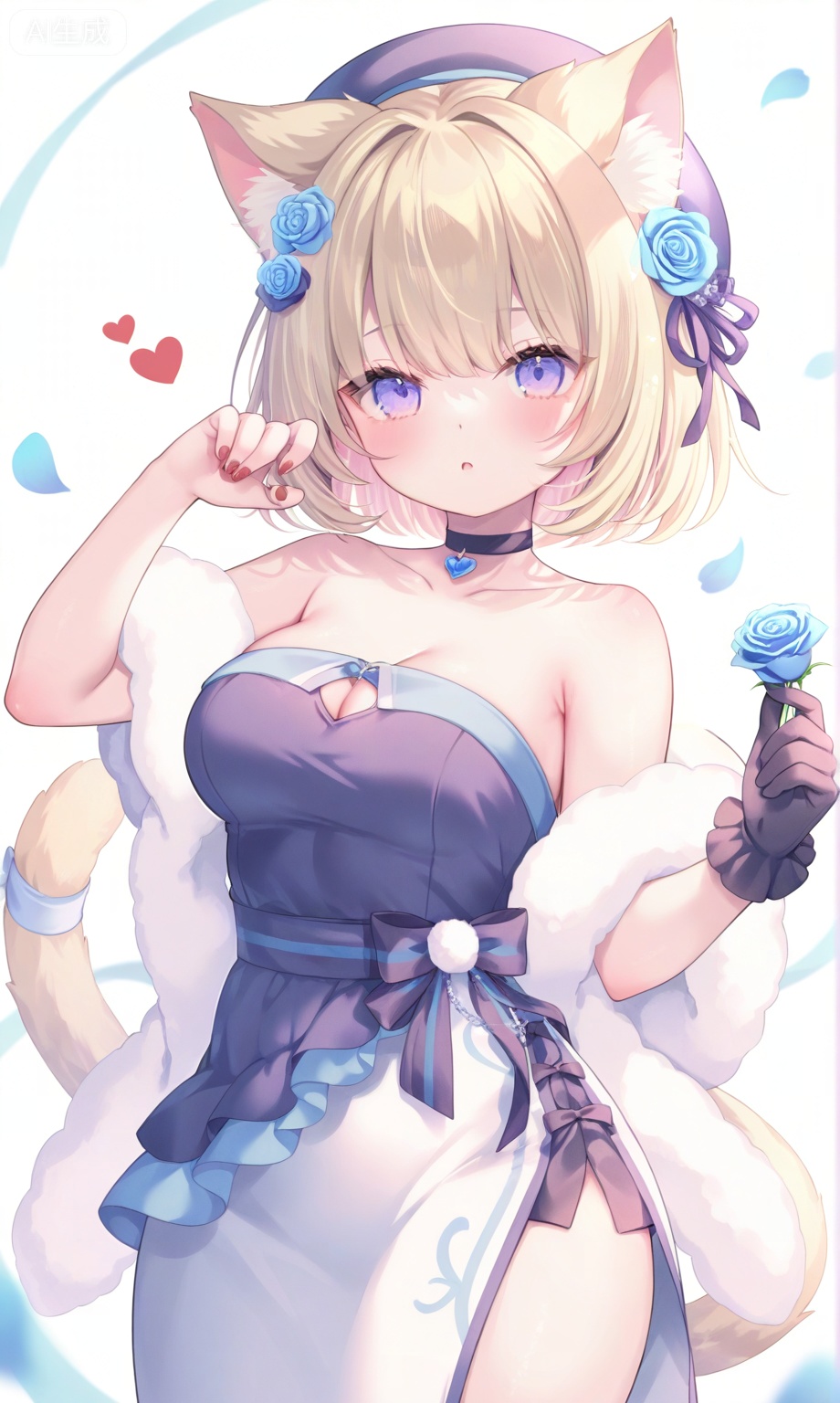 1girl, solo, breasts, looking at viewer, short hair, bangs, blue eyes, blonde hair, hair ornament, gloves, hat, dress, holding, animal ears, bare shoulders, standing, purple eyes, tail, flower, heart, cowboy shot, choker, black gloves, cat ears, hair flower, white dress, cat tail, petals, strapless, makeup, rose, black choker, strapless dress, red nails, side slit, single glove, blue flower, blue rose, feather boa