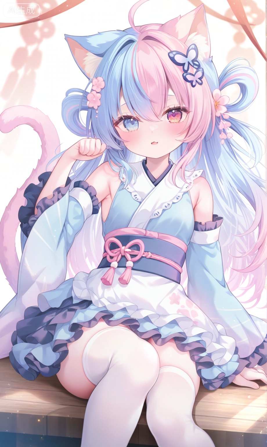 1girl, solo, long hair, looking at viewer, blush, bangs, blue eyes, hair ornament, red eyes, thighhighs, long sleeves, dress, bow, holding, animal ears, sitting, blue hair, tail, pink hair, multicolored hair, frills, detached sleeves, japanese clothes, cat ears, wide sleeves, pink eyes, kimono, white thighhighs, cat tail, animal ear fluff, heterochromia, cat girl
