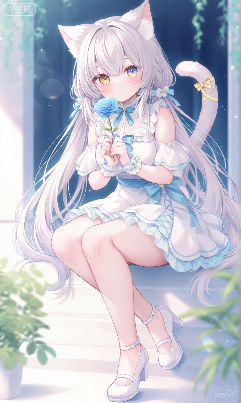 1girl, solo, long hair, breasts, looking at viewer, bangs, blue eyes, dress, holding, animal ears, bare shoulders, sitting, very long hair, tail, full body, yellow eyes, flower, white hair, artist name, cat ears, signature, white dress, high heels, cat tail, bare legs, heterochromia, white footwear, holding flower