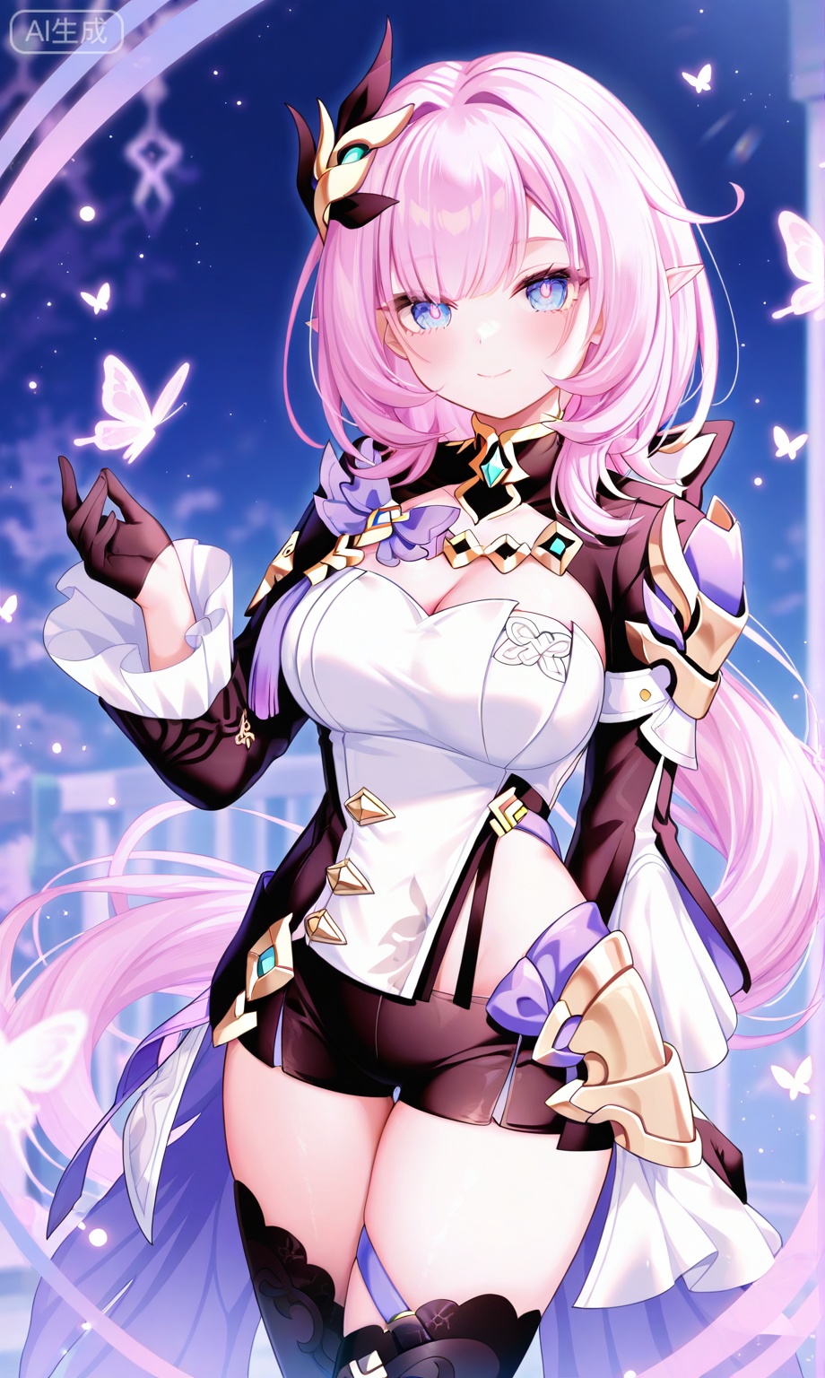 1girl, solo, long hair, breasts, looking at viewer, smile, bangs, blue eyes, large breasts, hair ornament, thighhighs, gloves, cleavage, very long hair, closed mouth, standing, pink hair, boots, shorts, pointy ears, black gloves, black thighhighs, hand up, pink eyes, thigh boots, black shorts, bug, elf, butterfly, elysia \(honkai impact\)